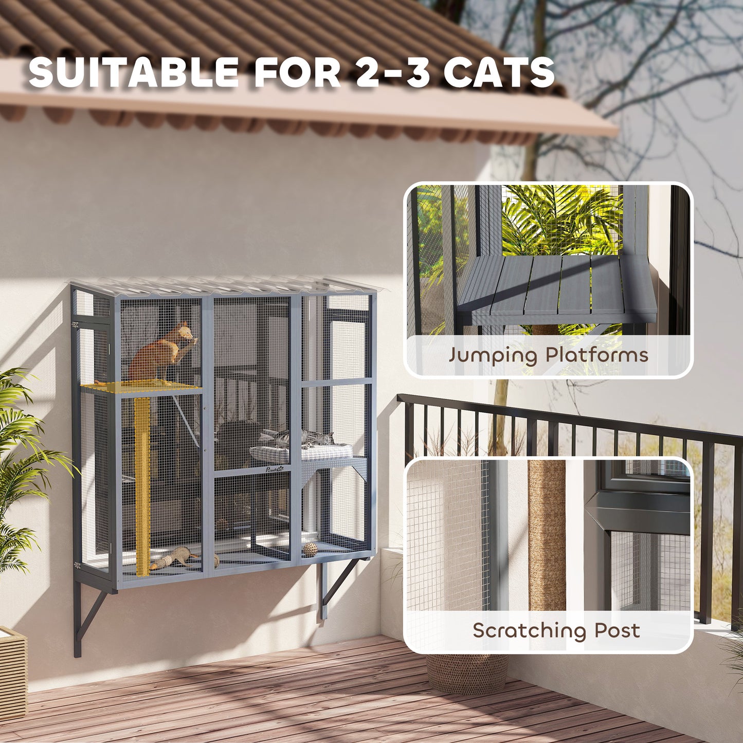 Outdoor Cat Enclosure Catio with Jumping Platforms & Scratching Post for 2-3 Cats - Gray