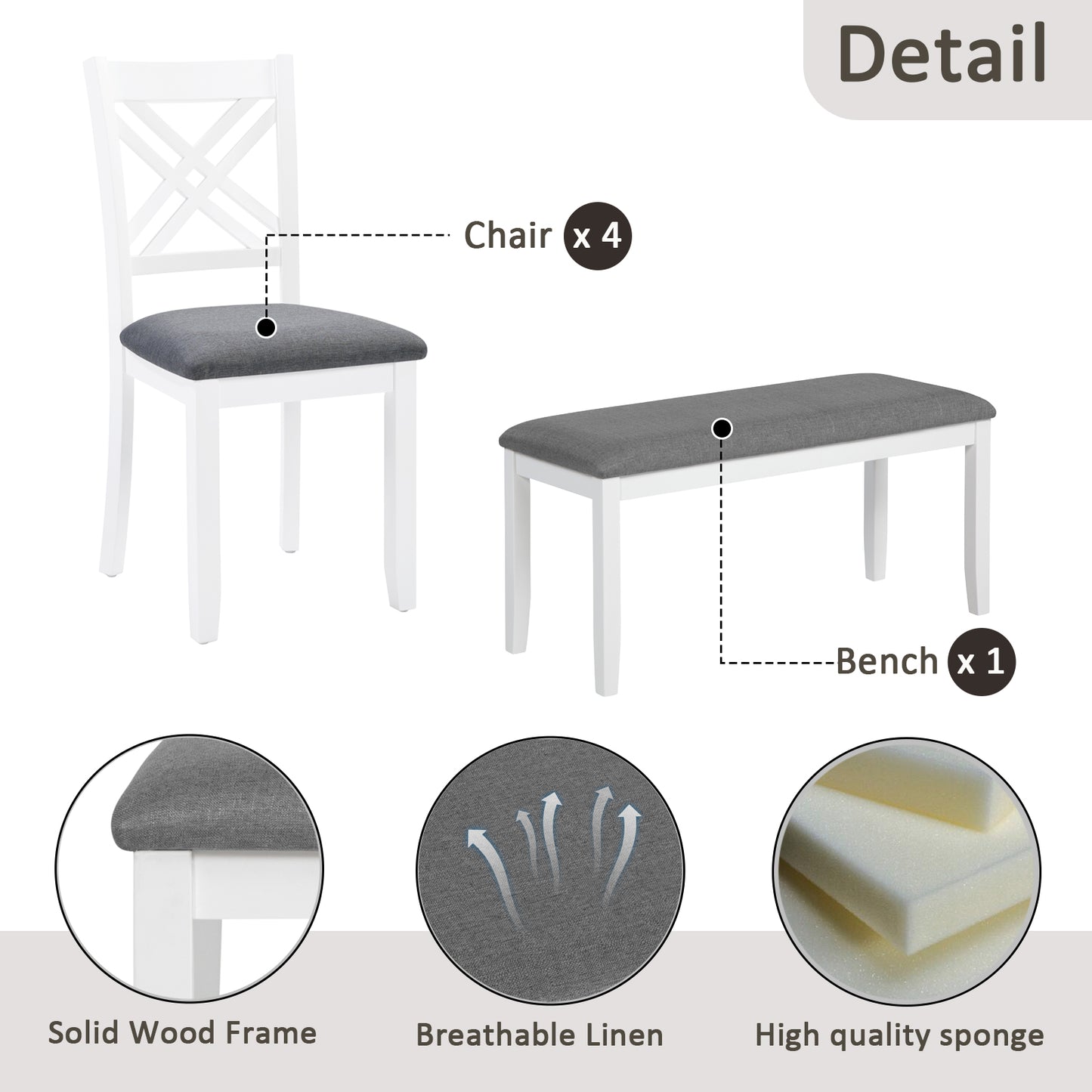 6-Piece Dining Set with Rectangular Table, Chairs & Bench - Grey & White