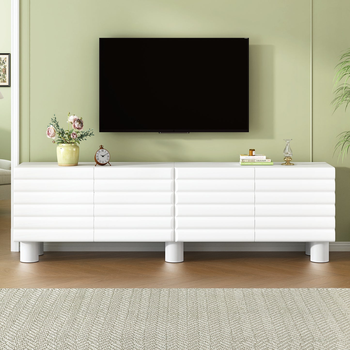 Stylish White Wavy Door TV Cabinet with Adjustable Shelves