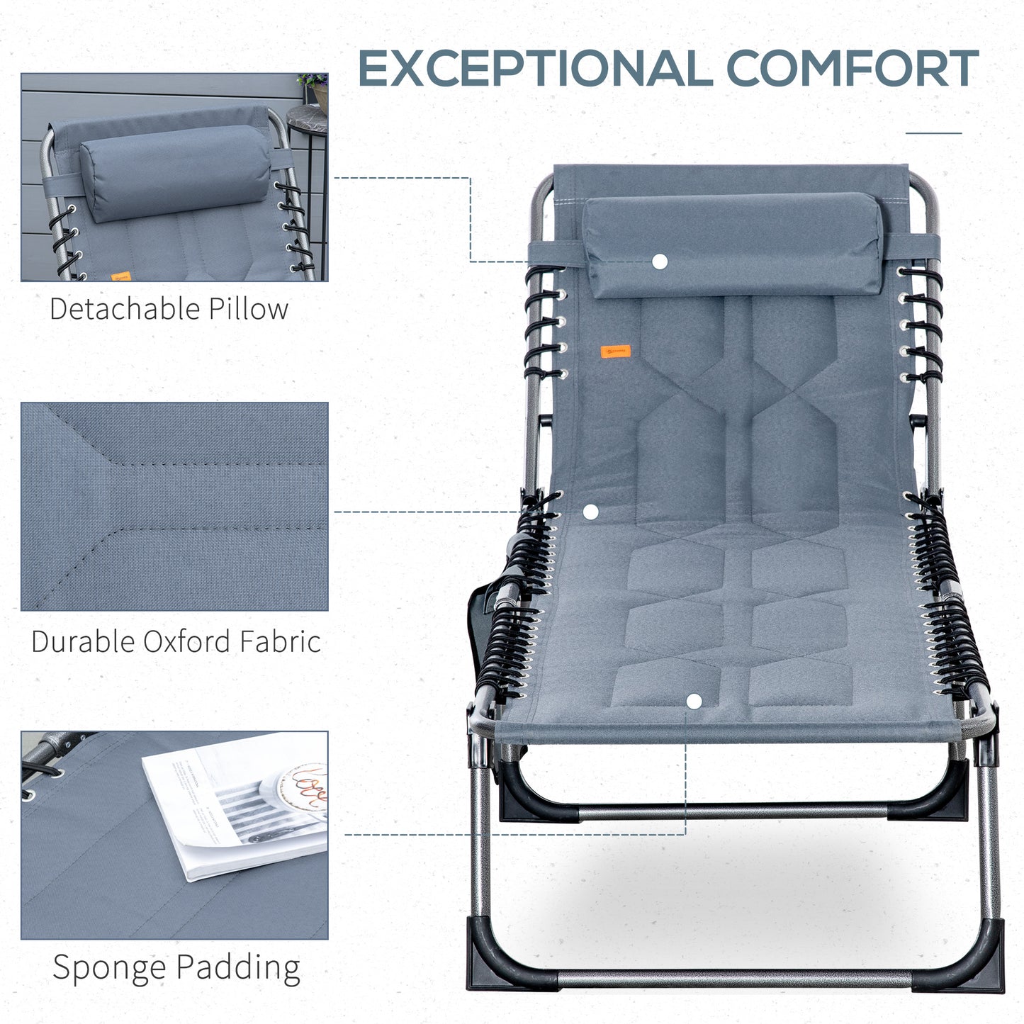 Padded Folding Chaise Lounge Chair - 6-Level Recline, Gray