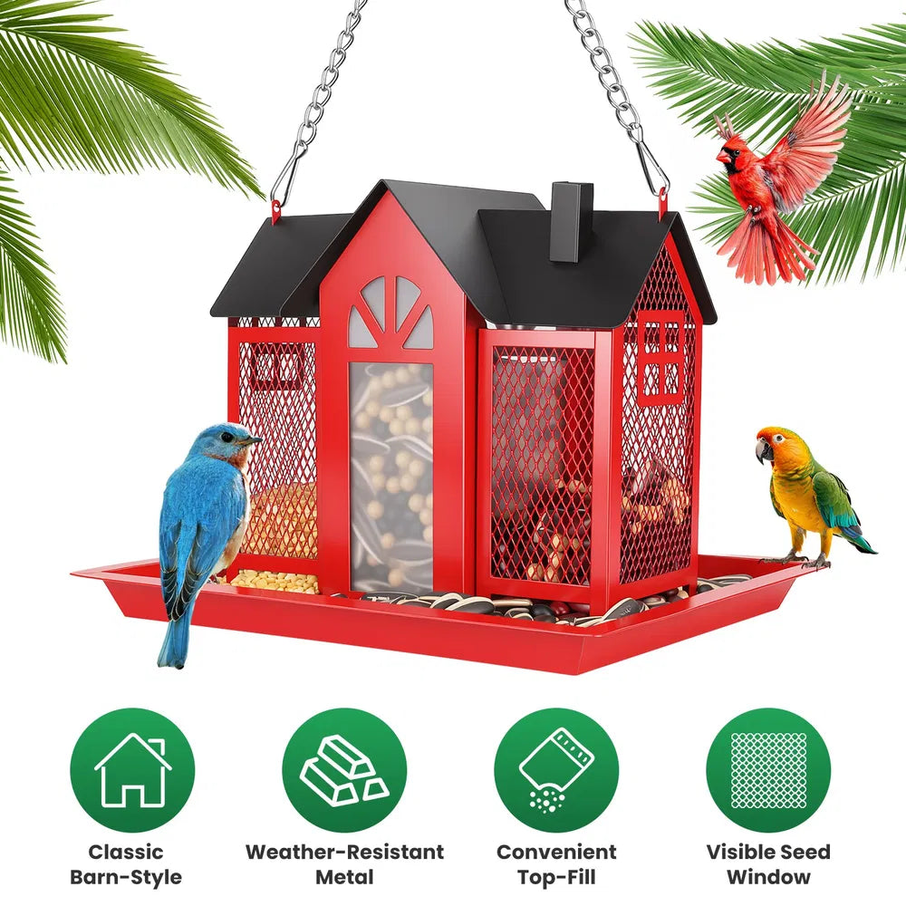 Metal Hanging Bird Feeder House - Classic Barn Design, Red & White, 15.75in Outdoor Garden Decor