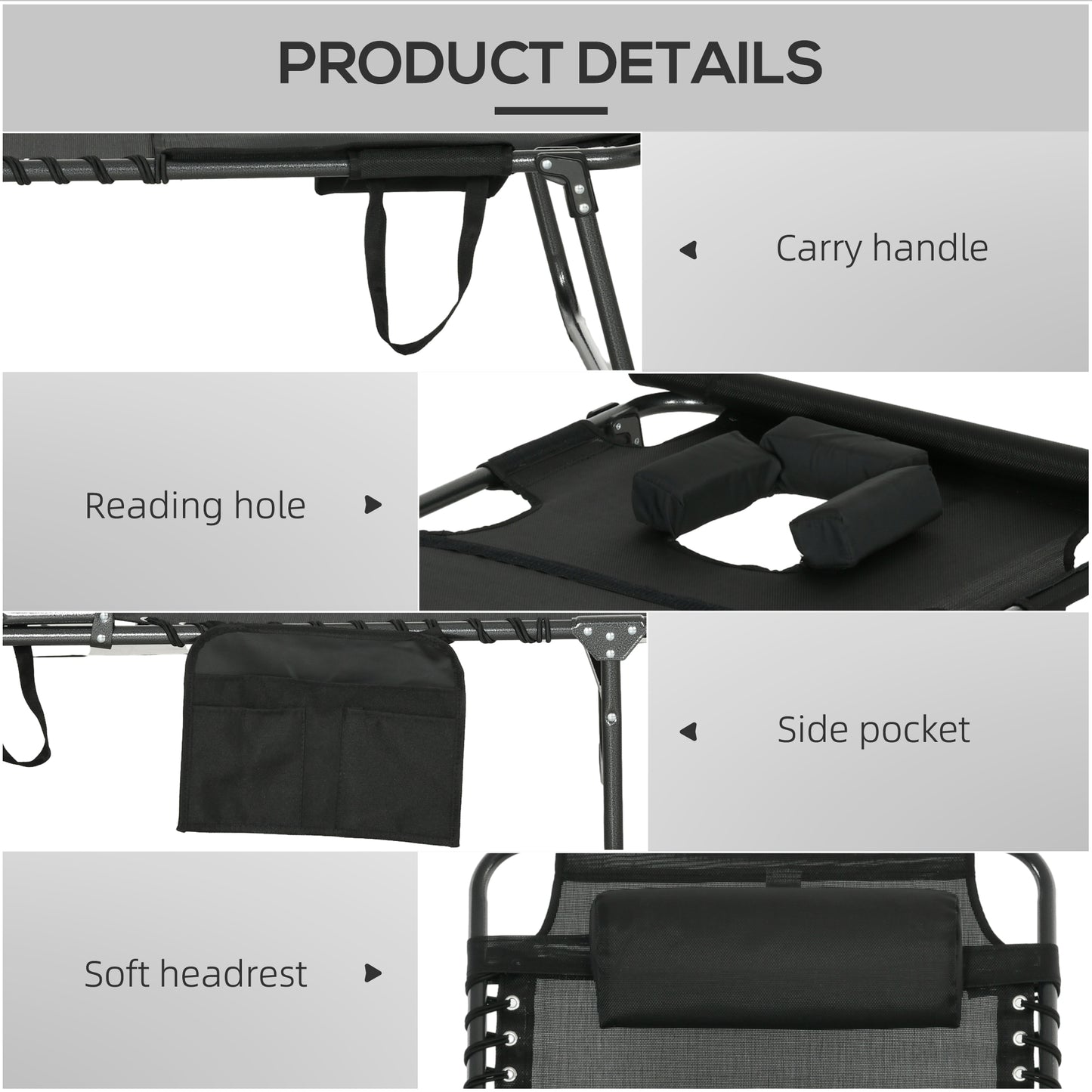 Folding Chaise Lounge Chair with 5-Position Recline and Side Pocket - Black