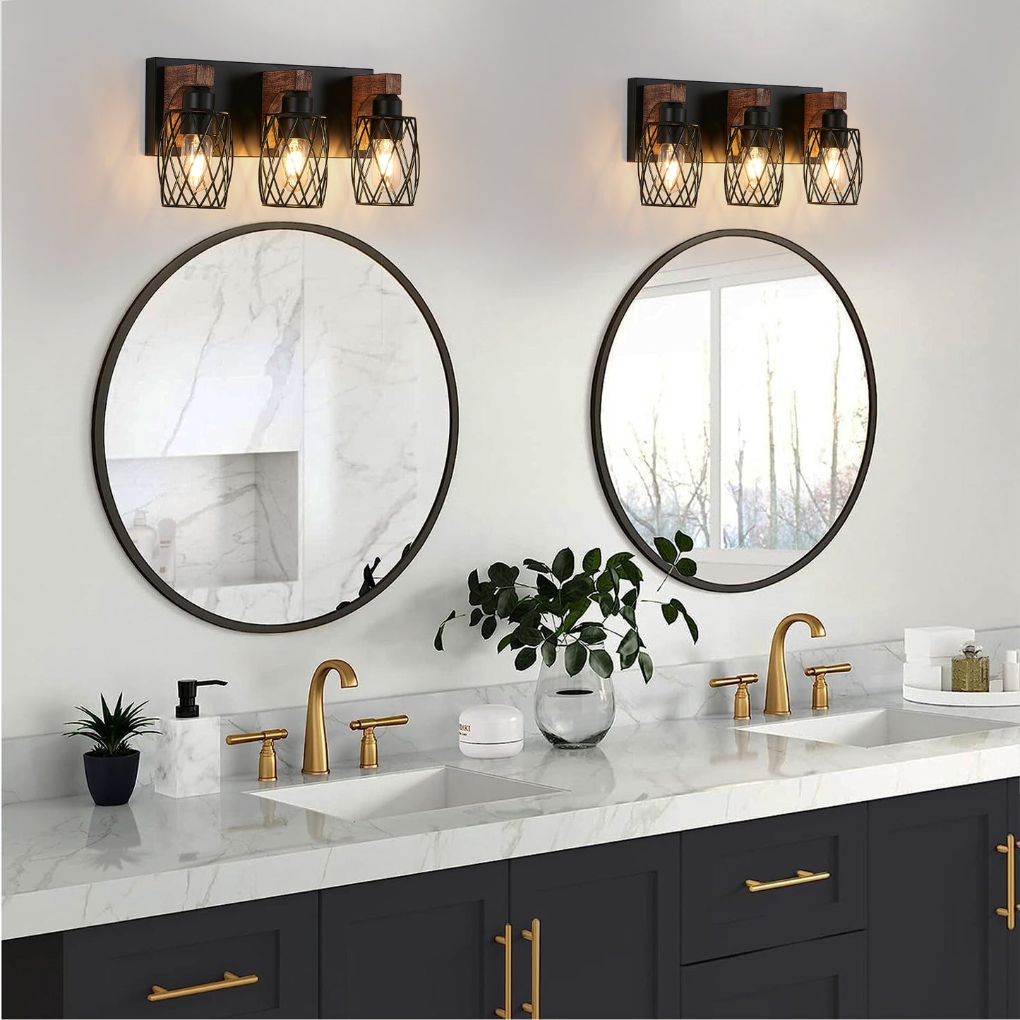 Vintage Industrial 3-Light Wall Sconce - Black Metal & Wood Accent