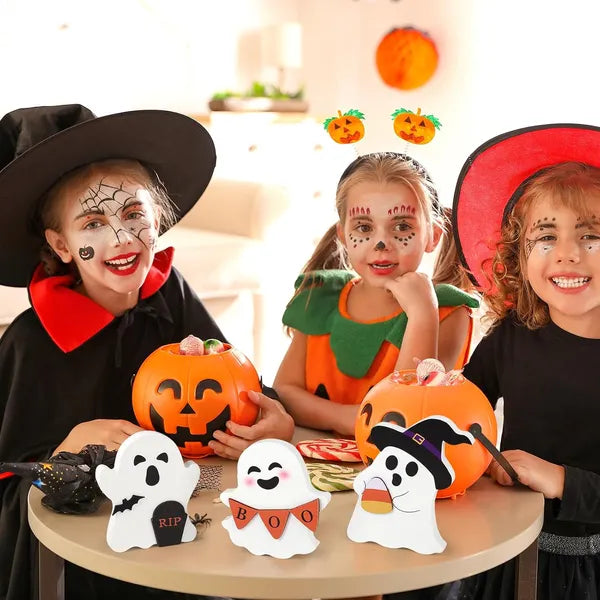 Cute Ghost Halloween Decorations Set - Wooden Signs for Tiered Tray