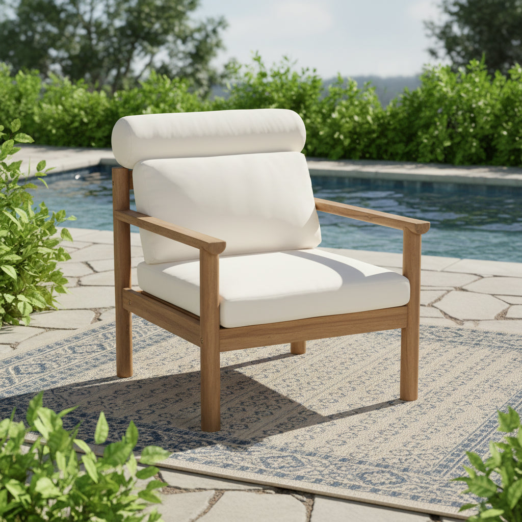 28-Inch Mid-Century Modern Acacia Wood Outdoor Chair with Cushions