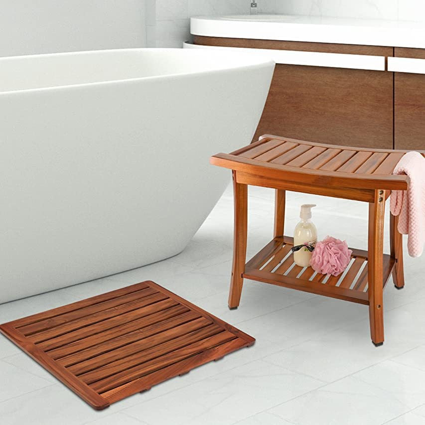 Solid Wood Waterproof Bathroom Shower Mat Non-Slip Bathtub Pedal - Brown, 61x45x3CM