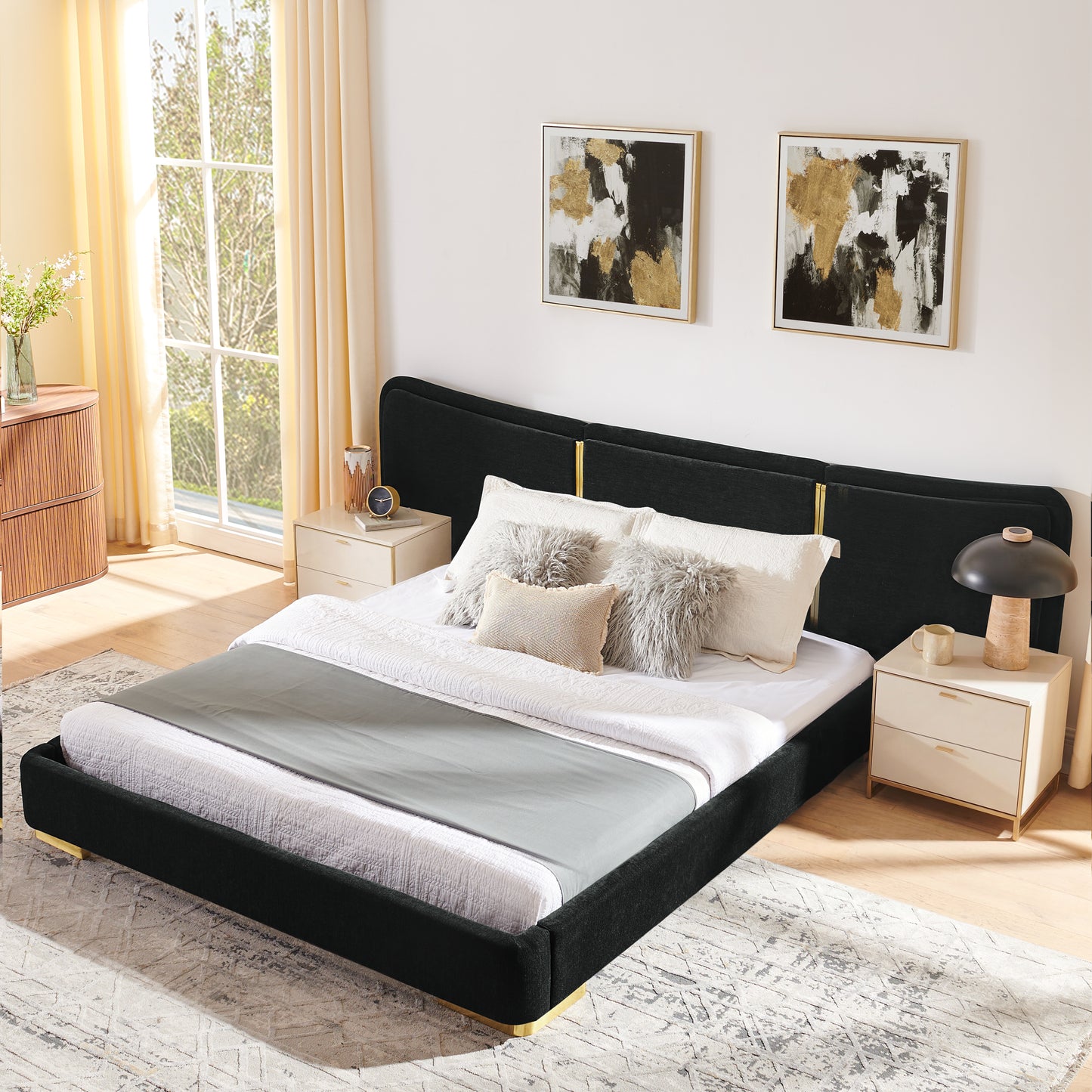 Queen Size Platform Bed with Soft Chenille Frame - Black