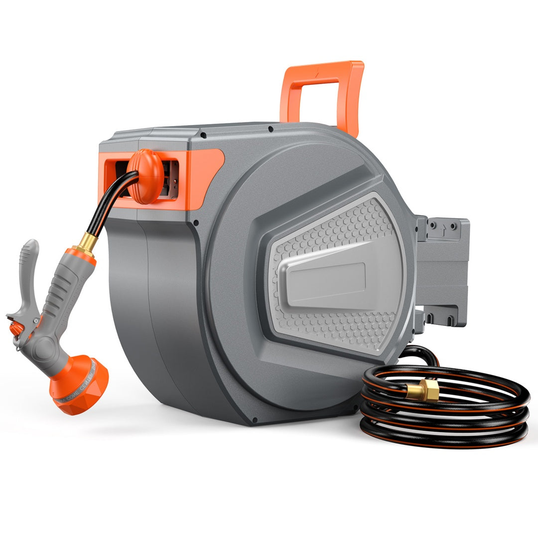 Auto Rewind Retractable Garden Hose Reel Wall Mount with 180° Swivel & Multi-Pattern Nozzle