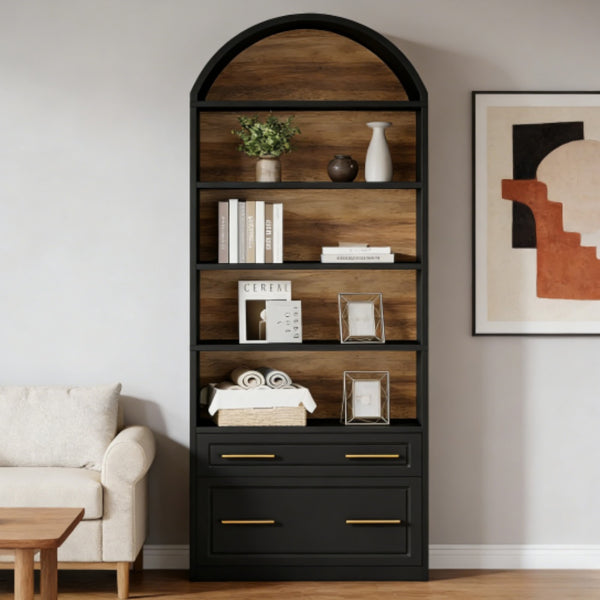 Elegant Tall Bookshelf with Arch Design and Storage Drawers