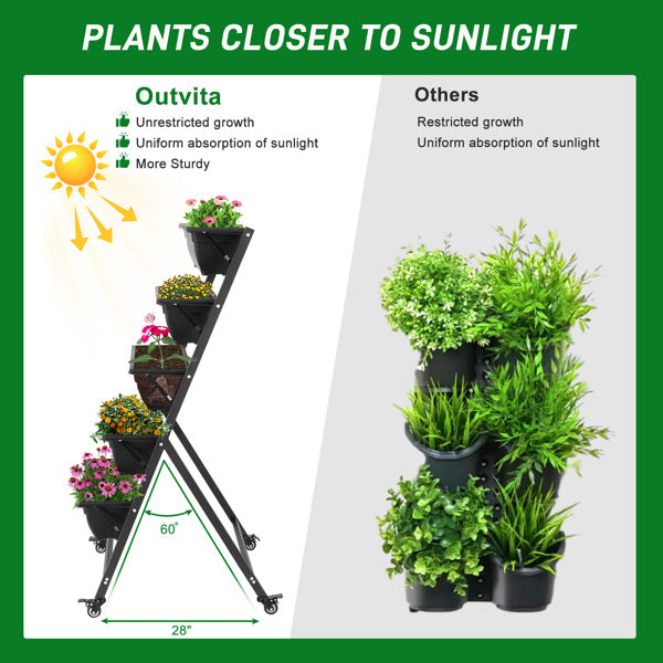 Black 5-Layer Vertical Garden Planter with Wheels - 65x60x130cm