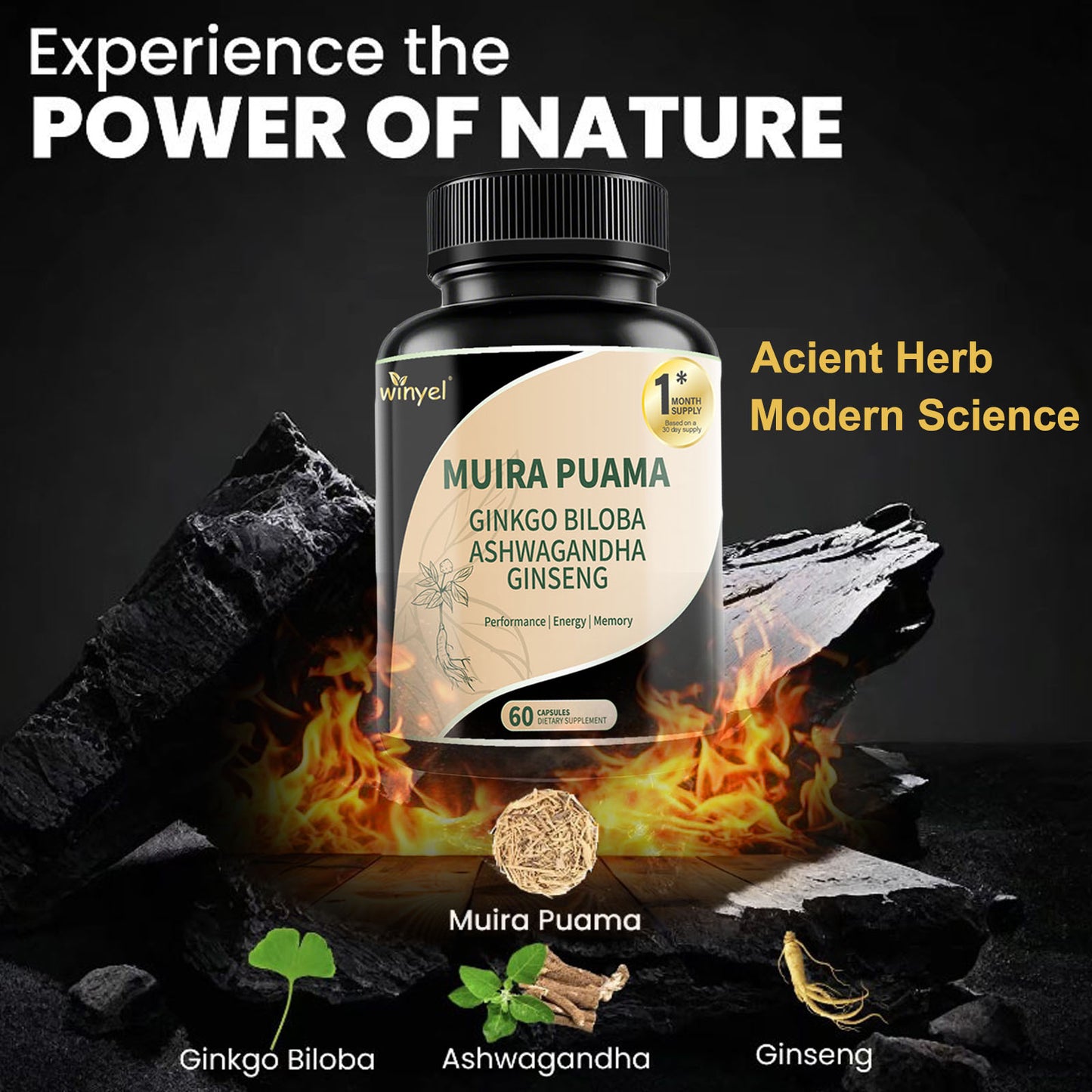 Herbal Supplement Blend - Muira Puama, Ginseng, Ashwagandha - 60 Capsules