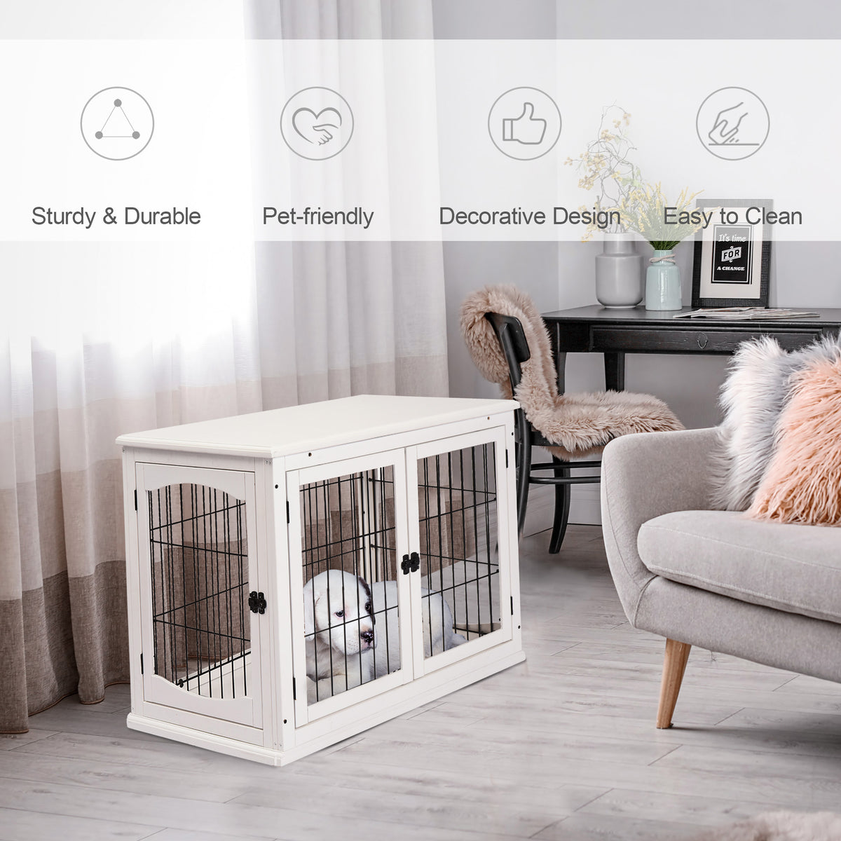 Small Dog Crate End Table with Doors, Lockable Pet Kennel - White, 32"