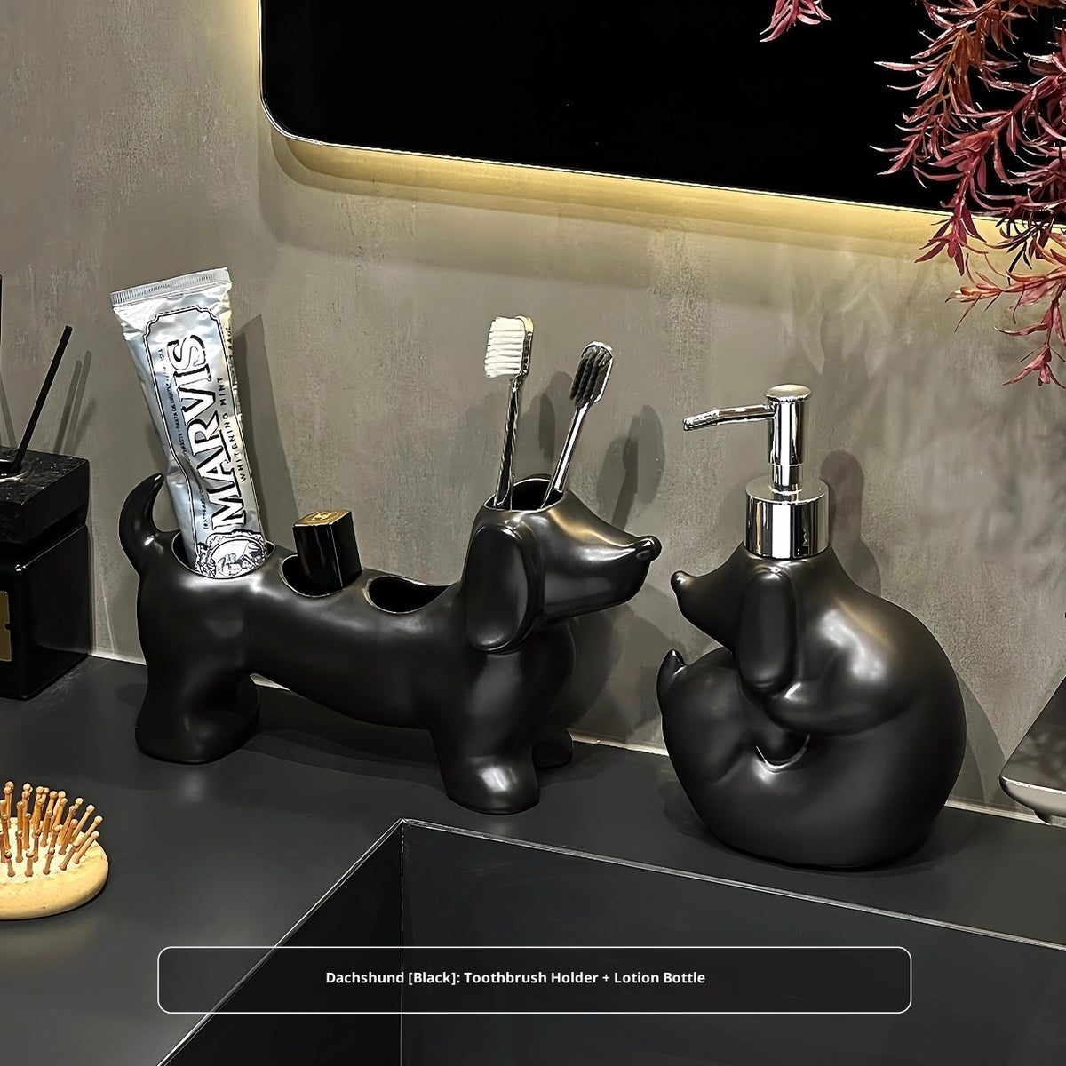 Cute Sausage Dog Lotion Bottle & Toothbrush Holder Set - Home Storage