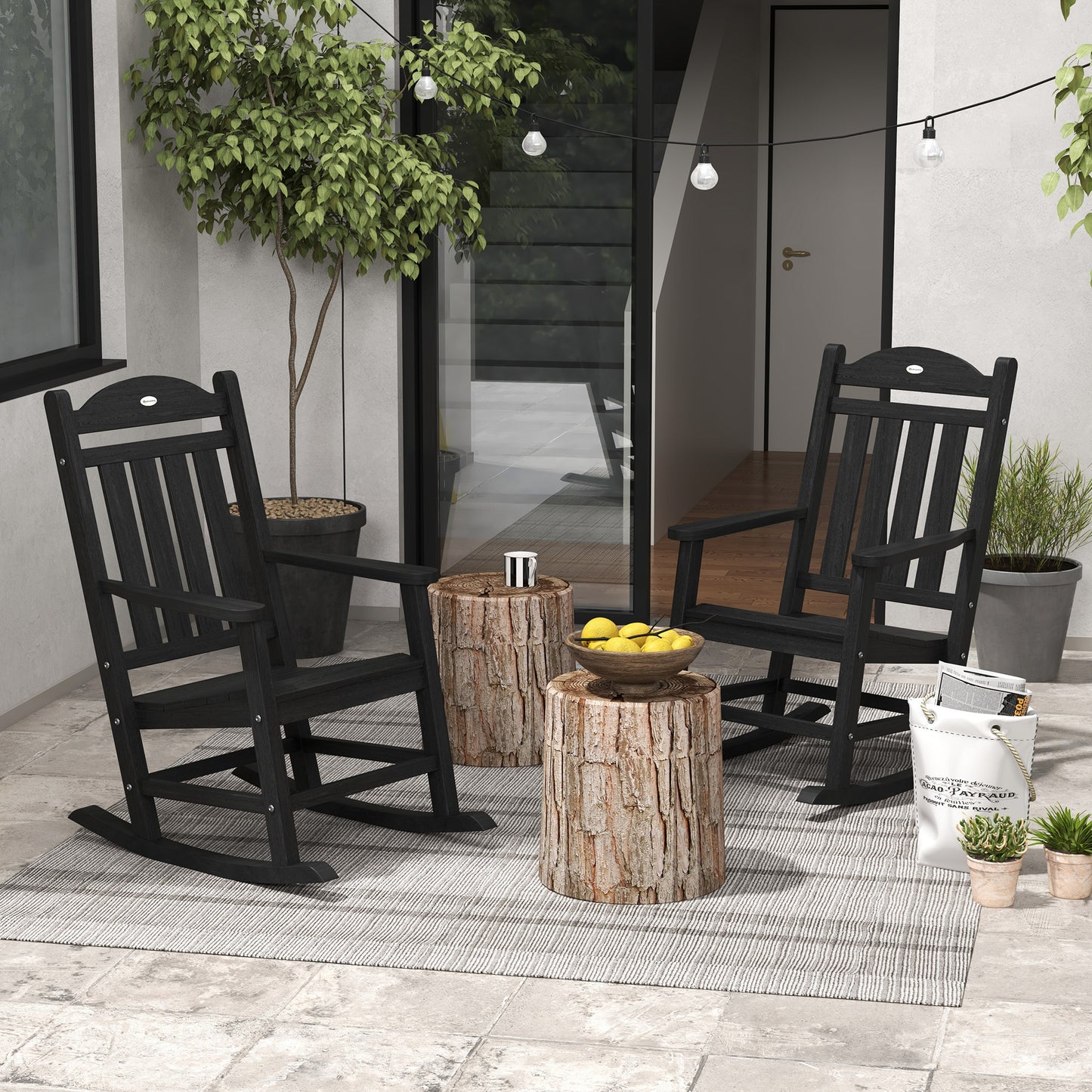Outdoor Rocking Chair Set with Armrests - Waterproof HDPE, Black