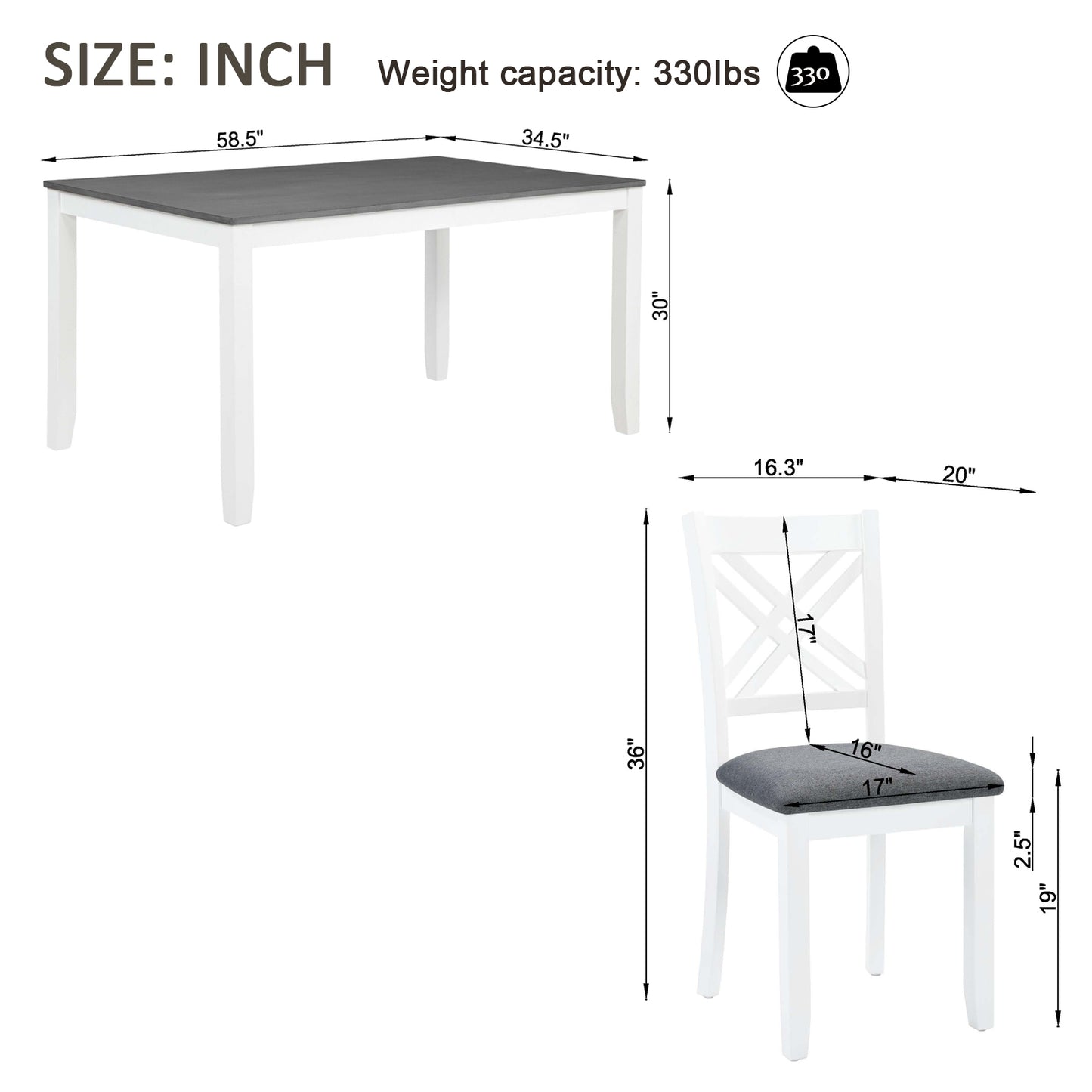 7-Piece Solid Wood Dining Set with 6 Upholstered Chairs - Grey & White