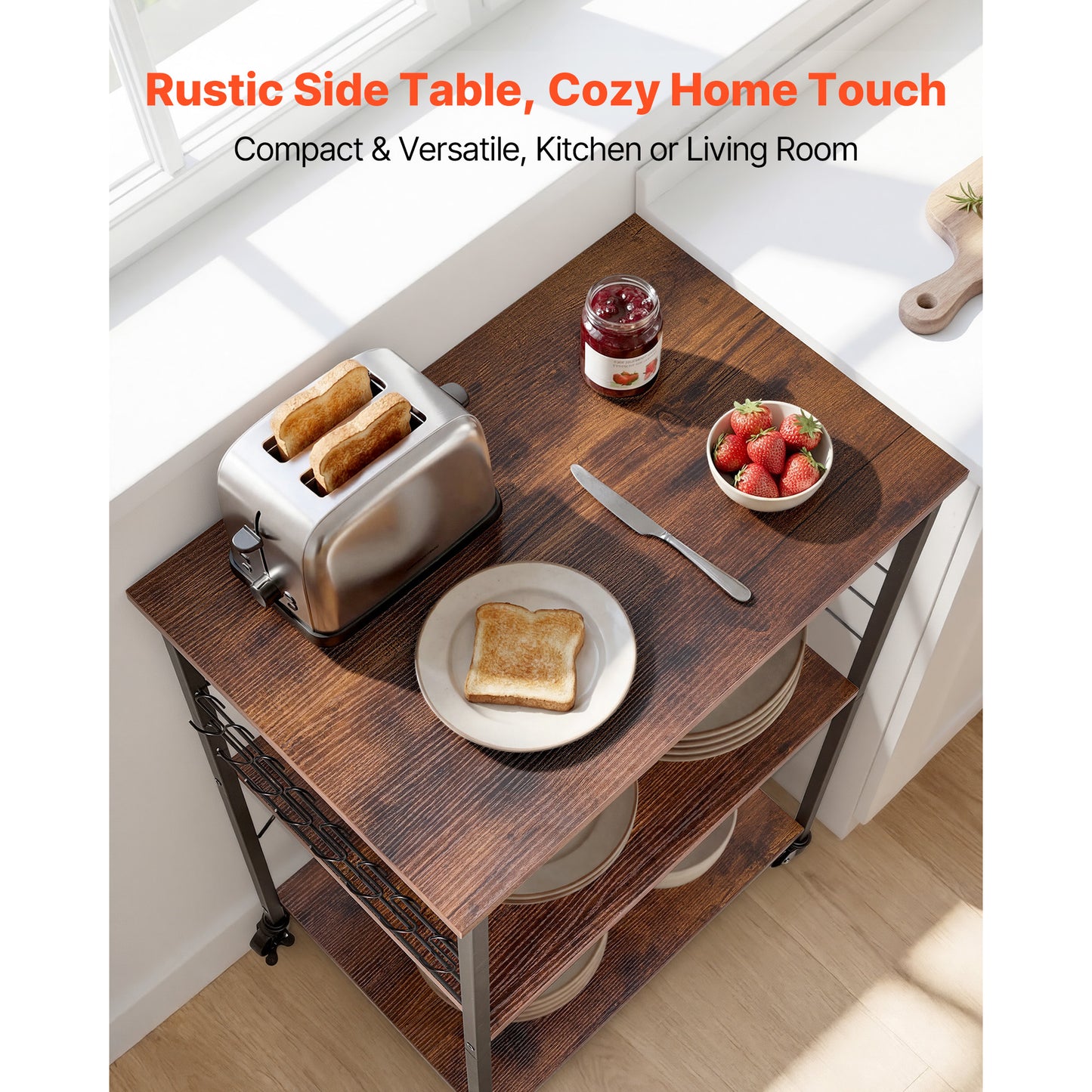 Heavy Duty Kitchen Utility Cart with 3 Tiers, Mobile Storage Trolley with Hooks