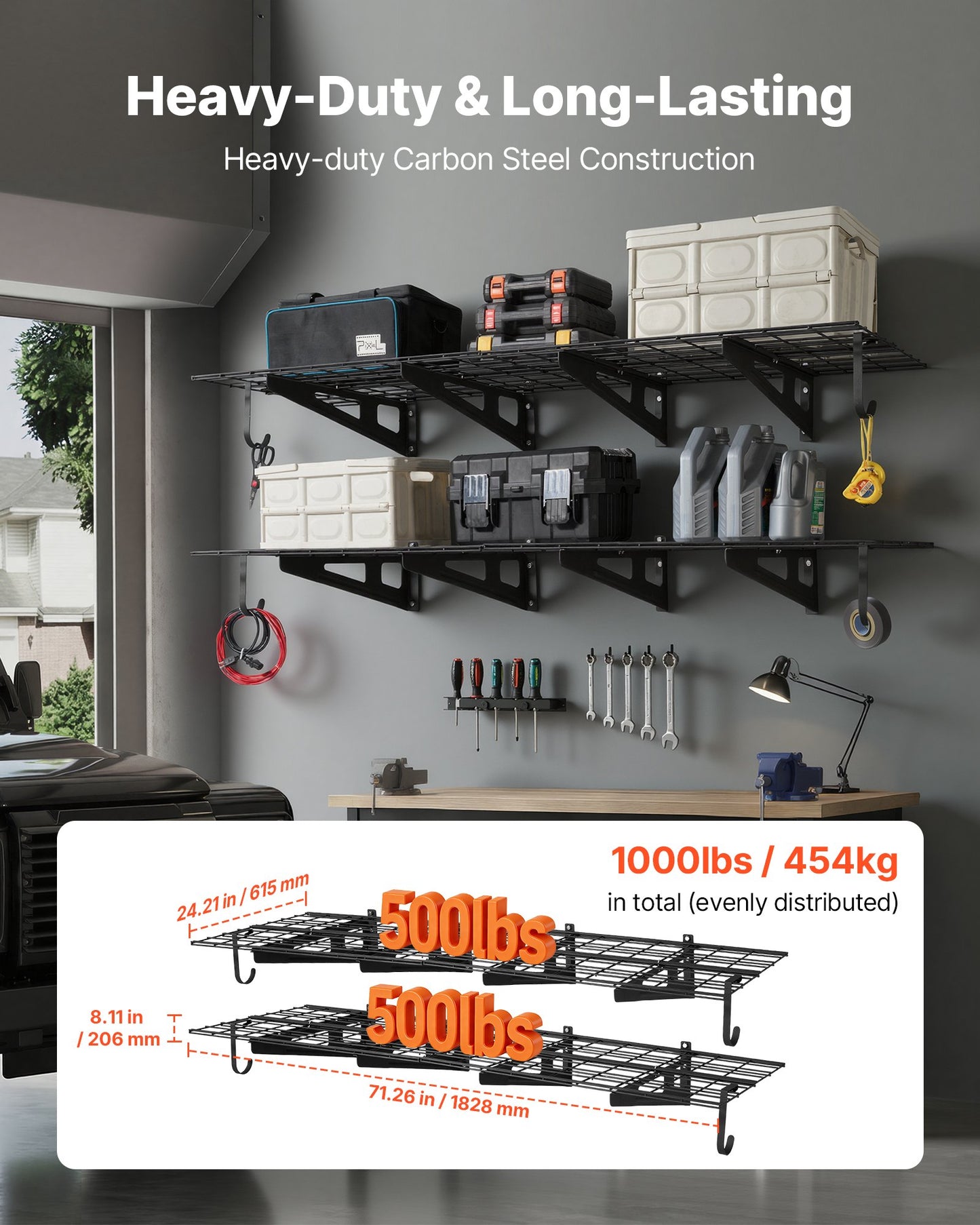 Heavy Duty Wall Shelving Unit 8 Pack - 3 Ft Steel Garage Storage Racks with Hooks