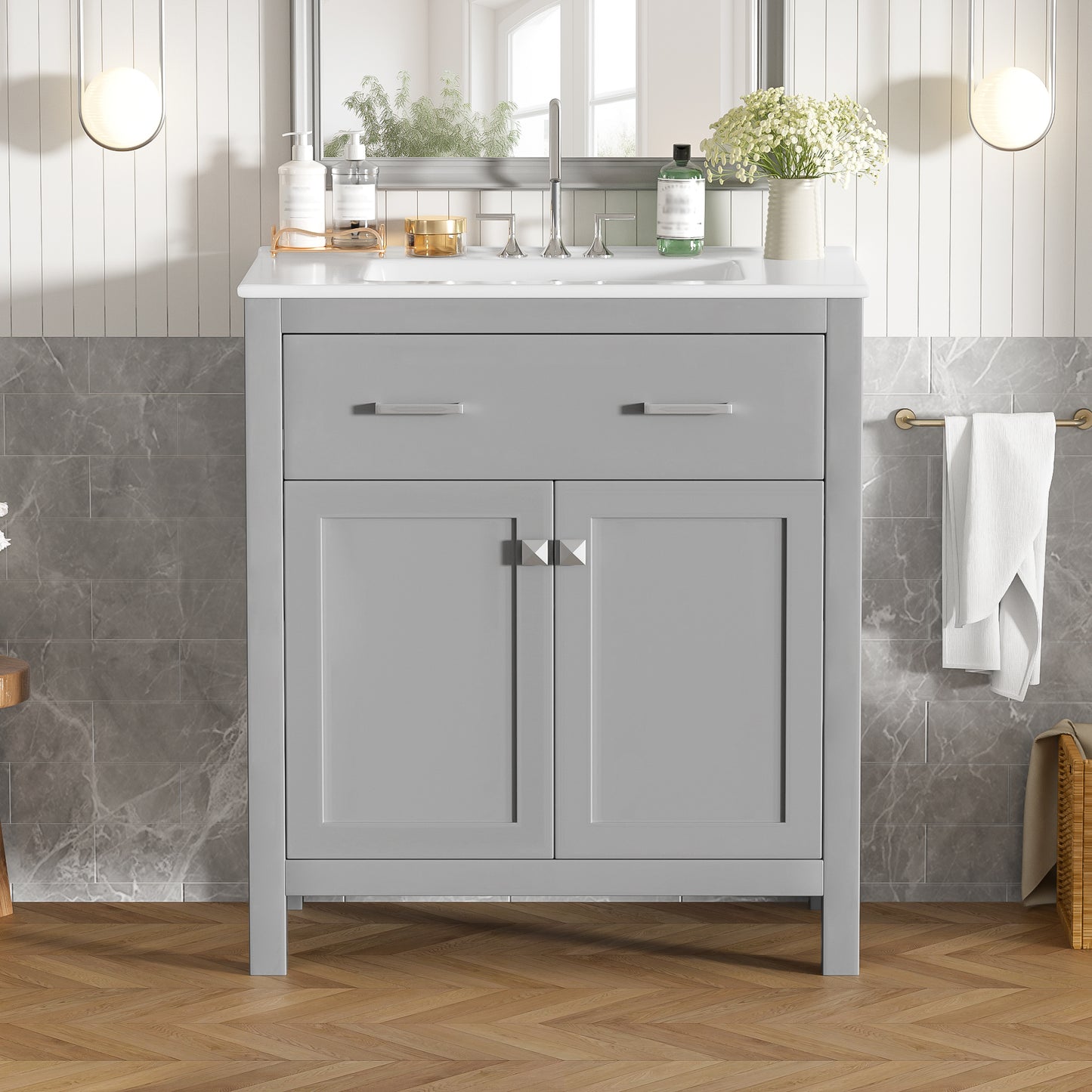 30" Gray Bathroom Vanity with Ceramic Sink & Soft Close Doors
