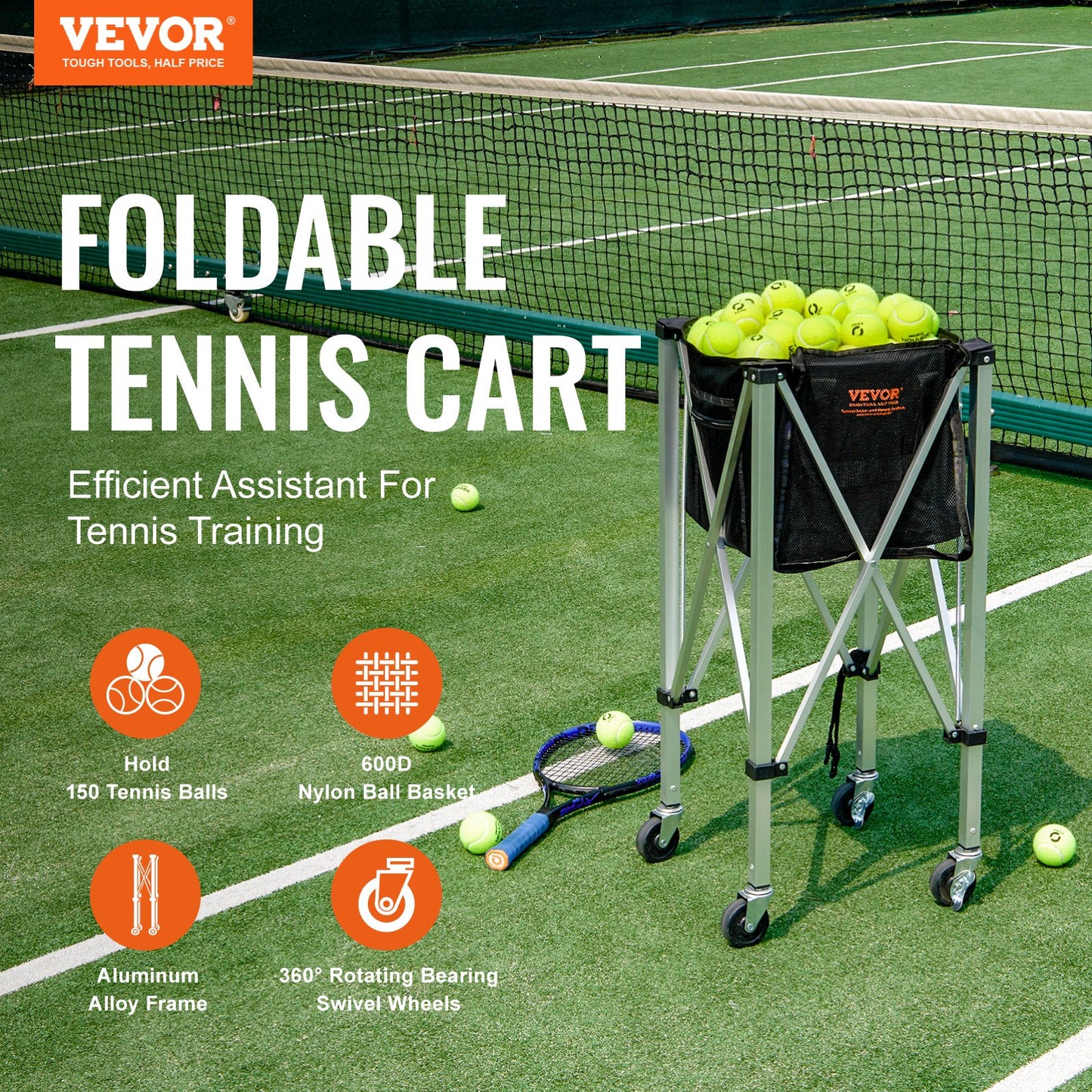 Foldable Tennis Ball Hopper Cart with 150 Capacity, Lightweight Aluminum, Wheels & Removable Bag