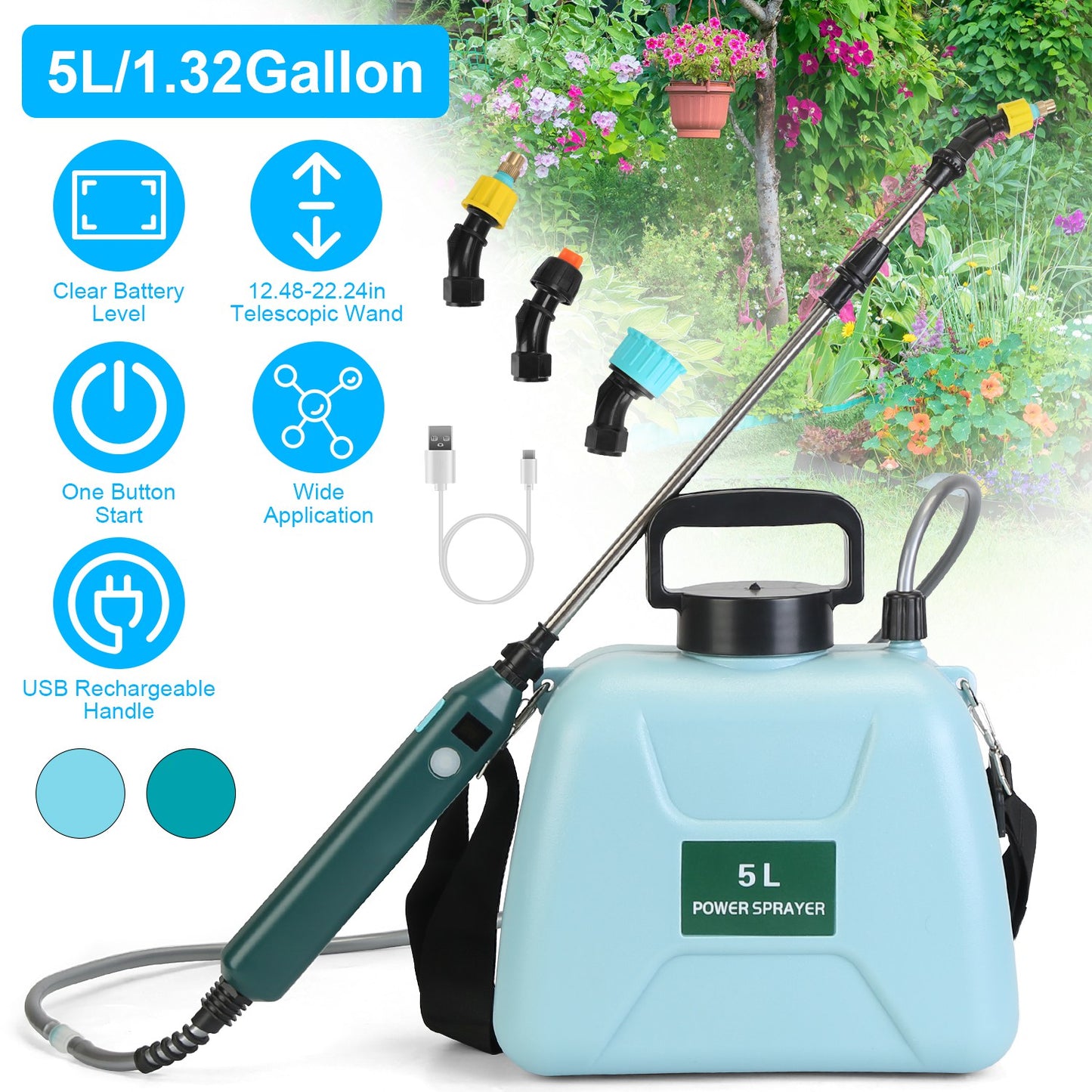 Portable 5L Battery Water Sprayer Garden Tool with 3 Nozzles & Telescopic Wand