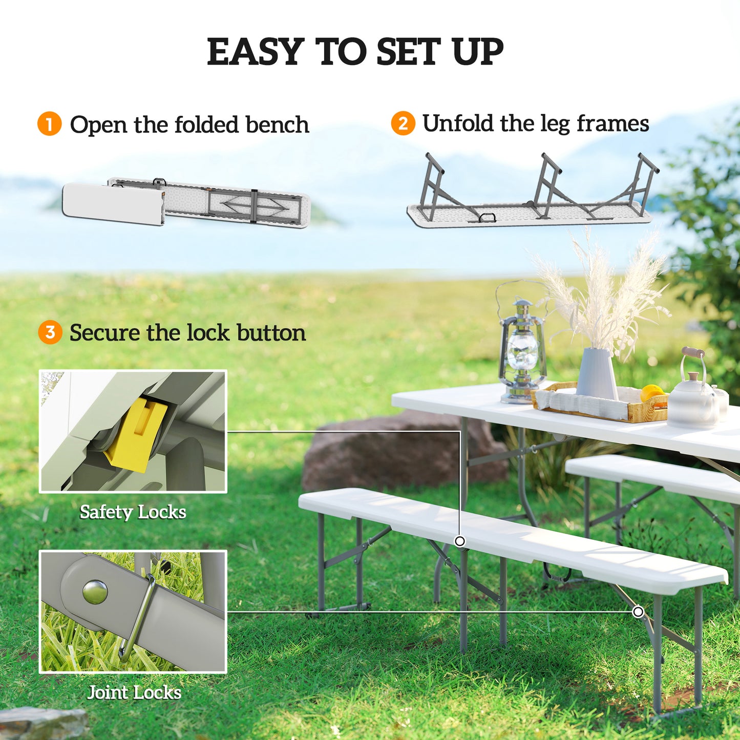 6 ft Portable Folding Bench Seats - Set of 2 for Camping, White