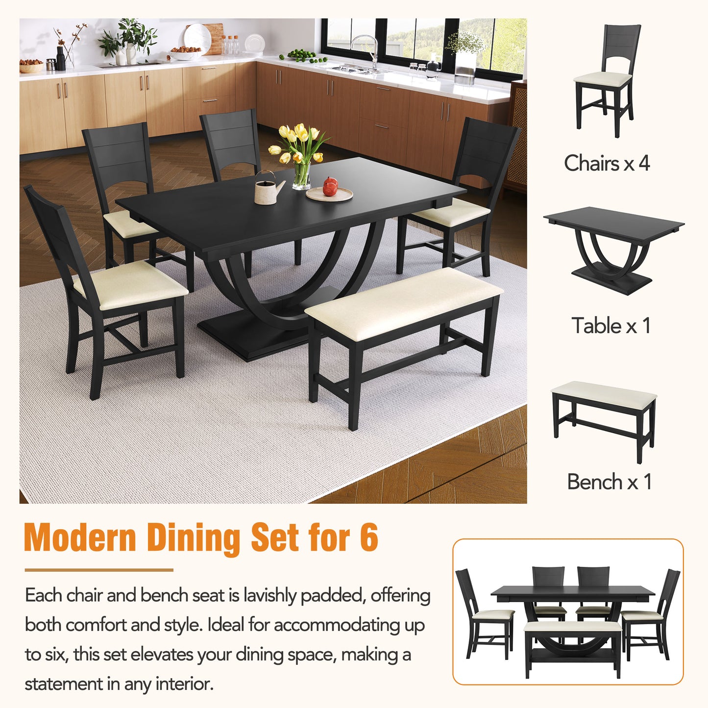 6-Piece Modern Gray Wood Dining Table Set with Bench & Chairs