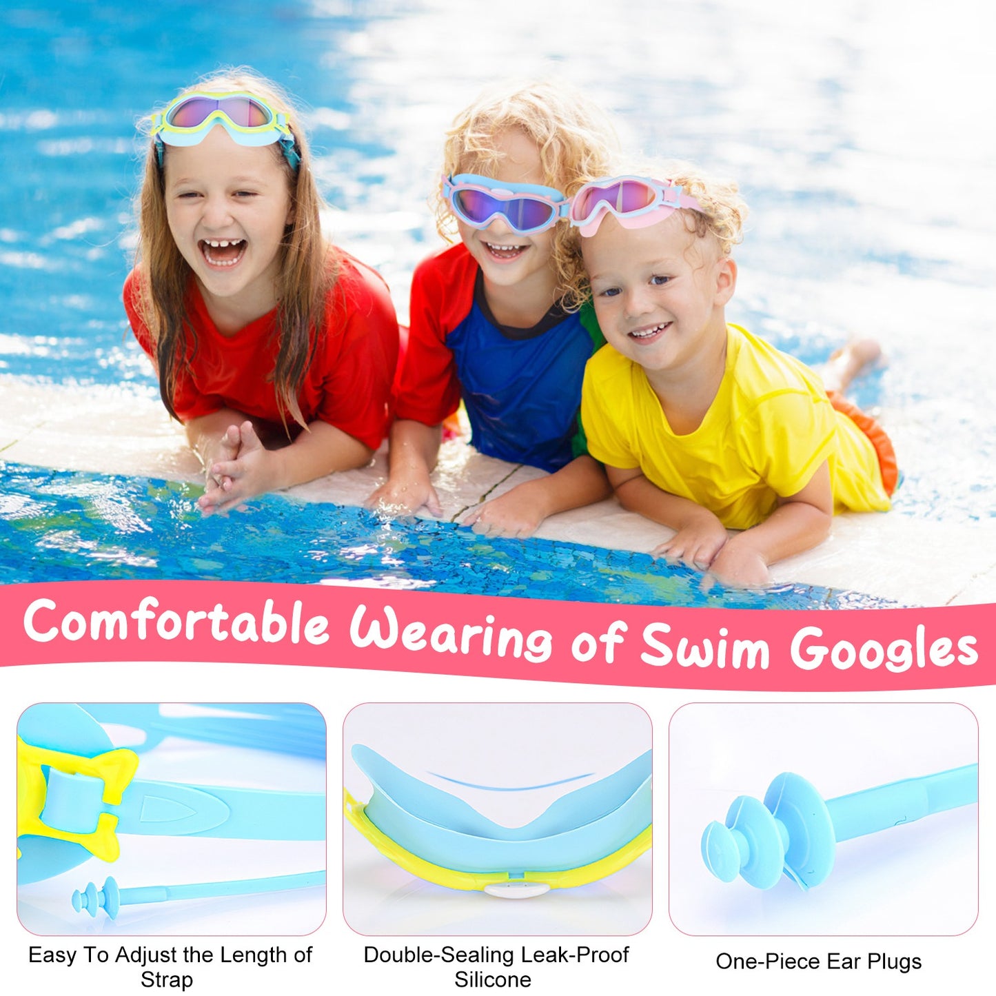 Kids Swim Goggles with Ear Plugs - UV Protection, Anti-Fog, Leak Proof