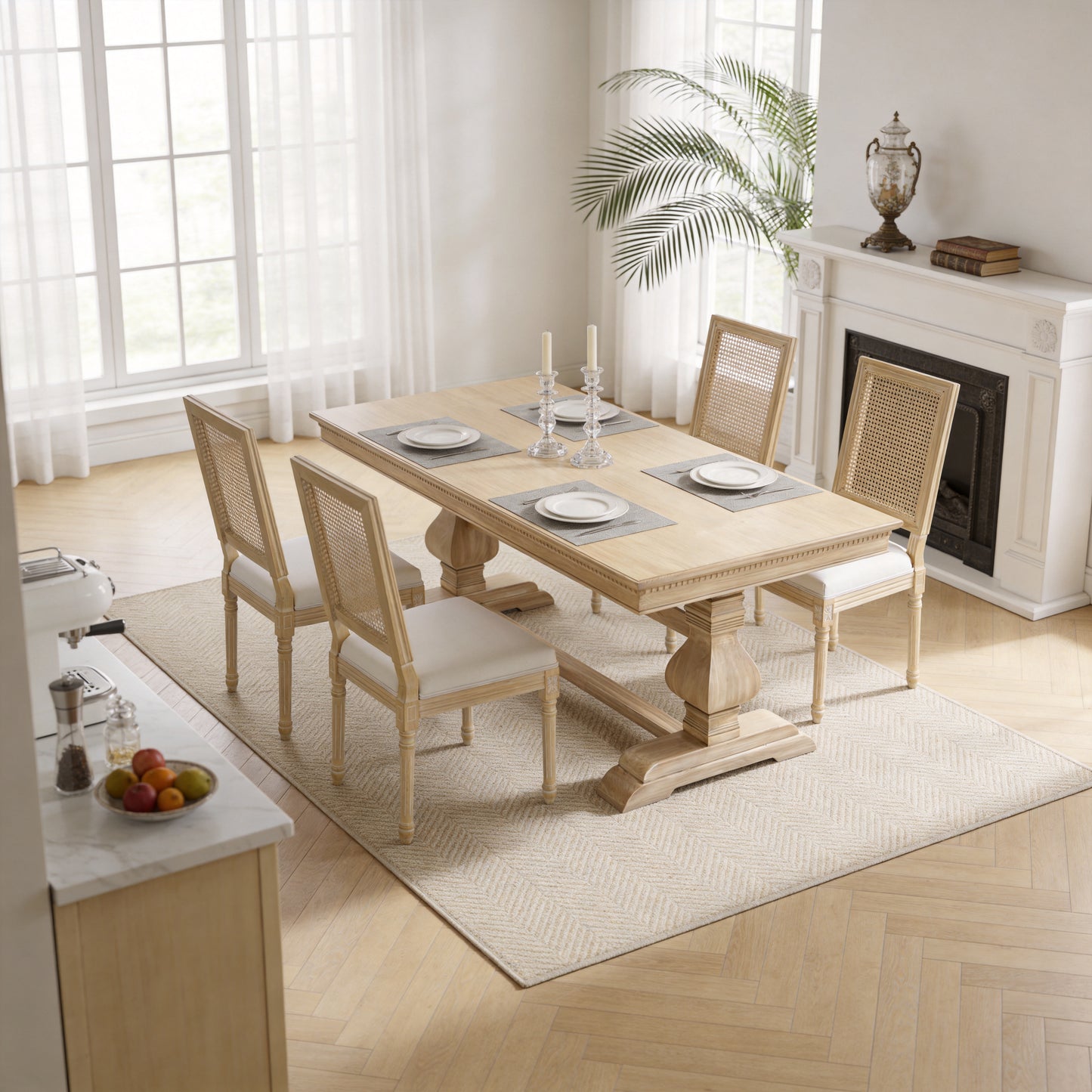 French Country Dining Chairs - Set of 2 Upholstered Rattan Back