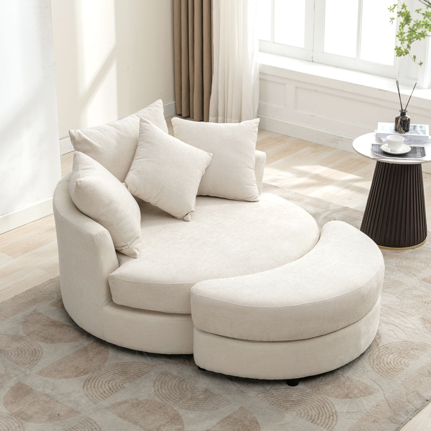 360° Swivel Accent Barrel Chair with Storage Ottoman & 4 Pillows - Cream