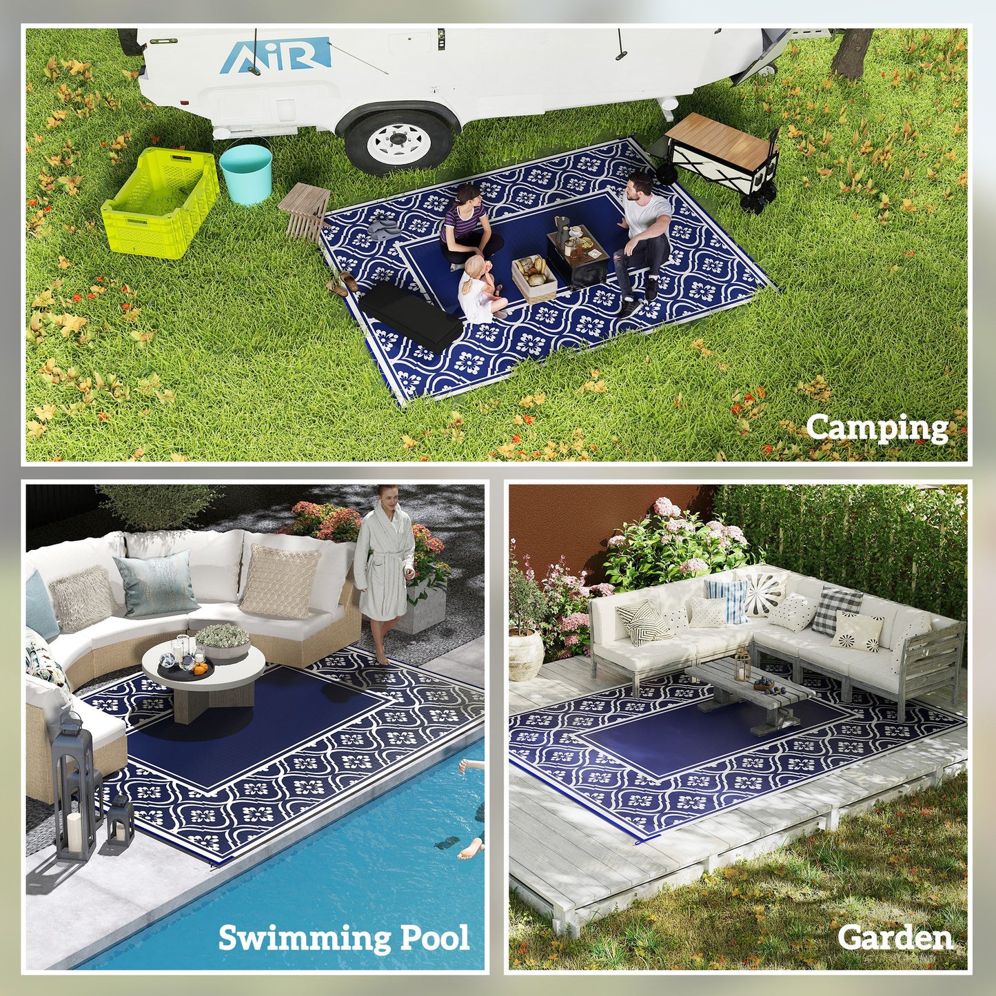 Reversible Waterproof Outdoor Rug with Carry Bag - Blue White Gourd Border 9' x 12'