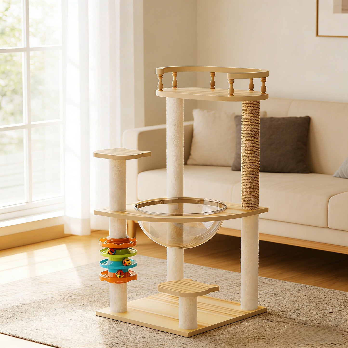Wood Cat Tower with Sisal Scratching Posts & Top Perch - Modern Cat Tree for Indoor Cats