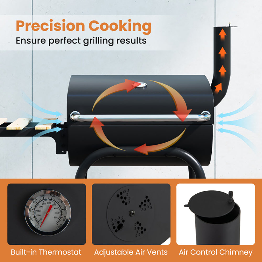 Charcoal Grill with Foldable Side Table and Thermostat - Black