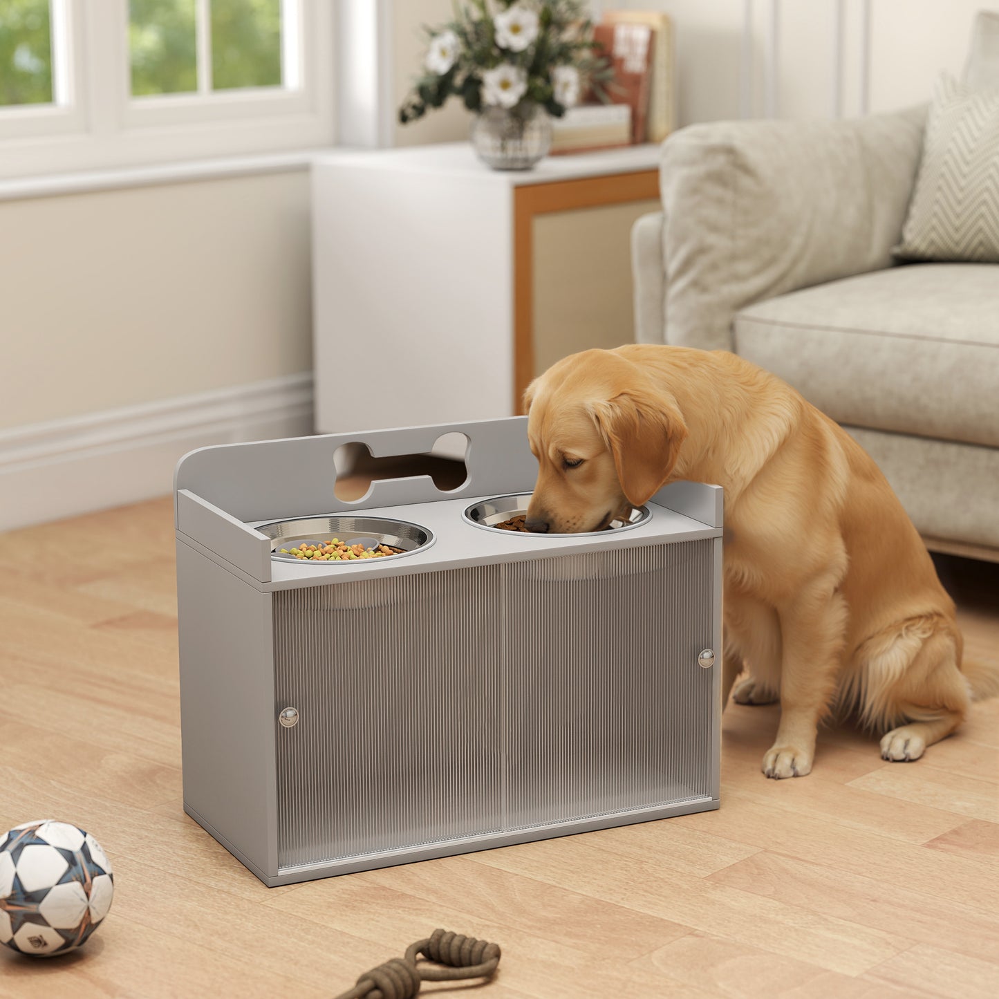 Elevated Dog Bowl Stand with Storage - Large Stainless Steel Bowls for Pets