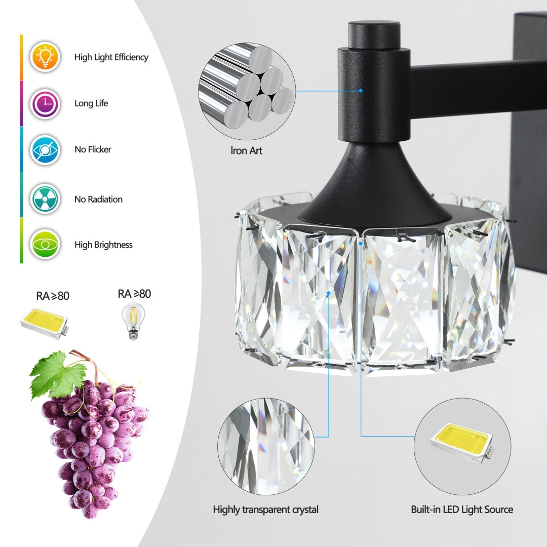 5-Light Matte Black LED Vanity Light Fixture with Crystal Shades