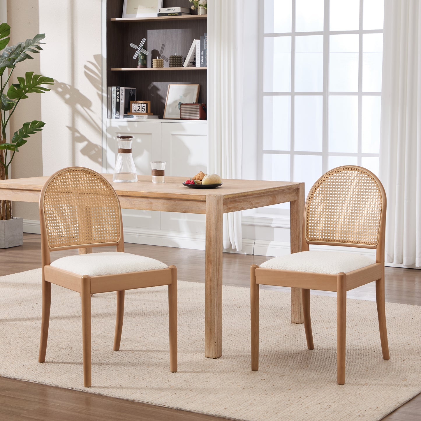 Beige Rattan Dining Chairs Set of 2 - Upholstered Kitchen Seating