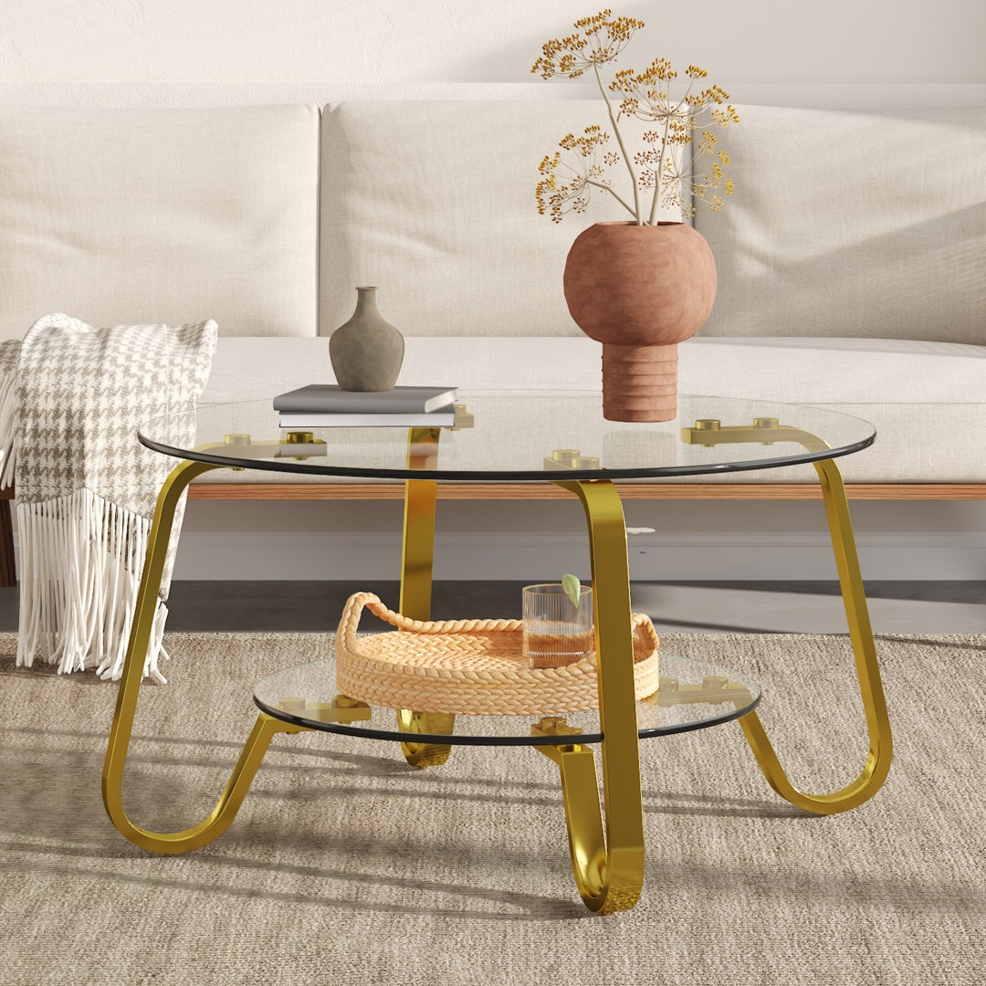 Retro Gold Metal Frame Double-Layer Glass Coffee Table - 31.5"