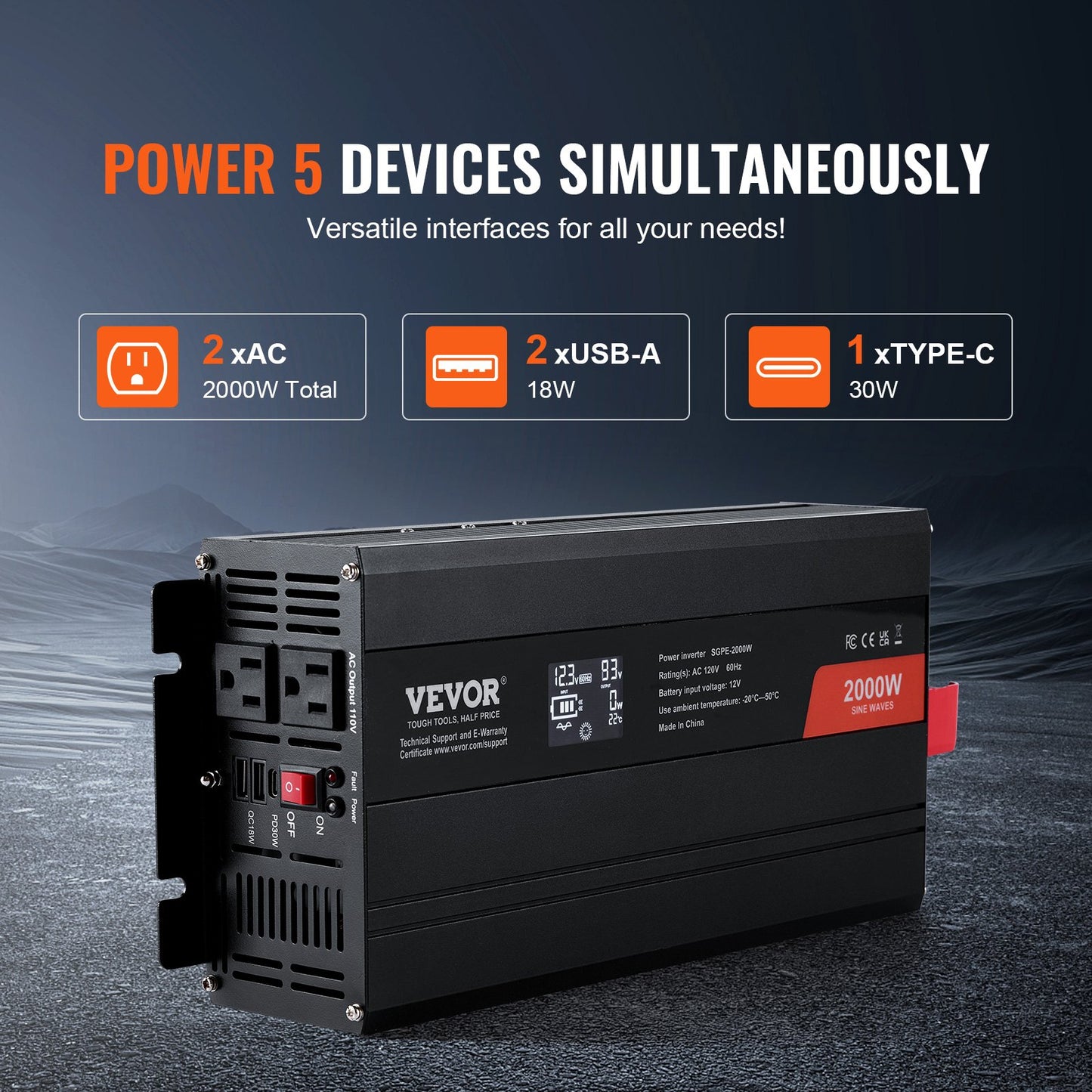 2000W Pure Sine Wave Power Inverter with 2 AC Outlets, USB & Type-C, LCD, Remote - 12V to 120V