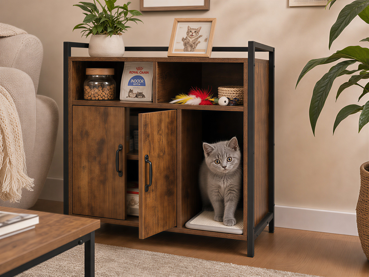 Rustic Brown Wooden Cat Litter Box Enclosure with Scratching Mat - Spacious Pet Furniture