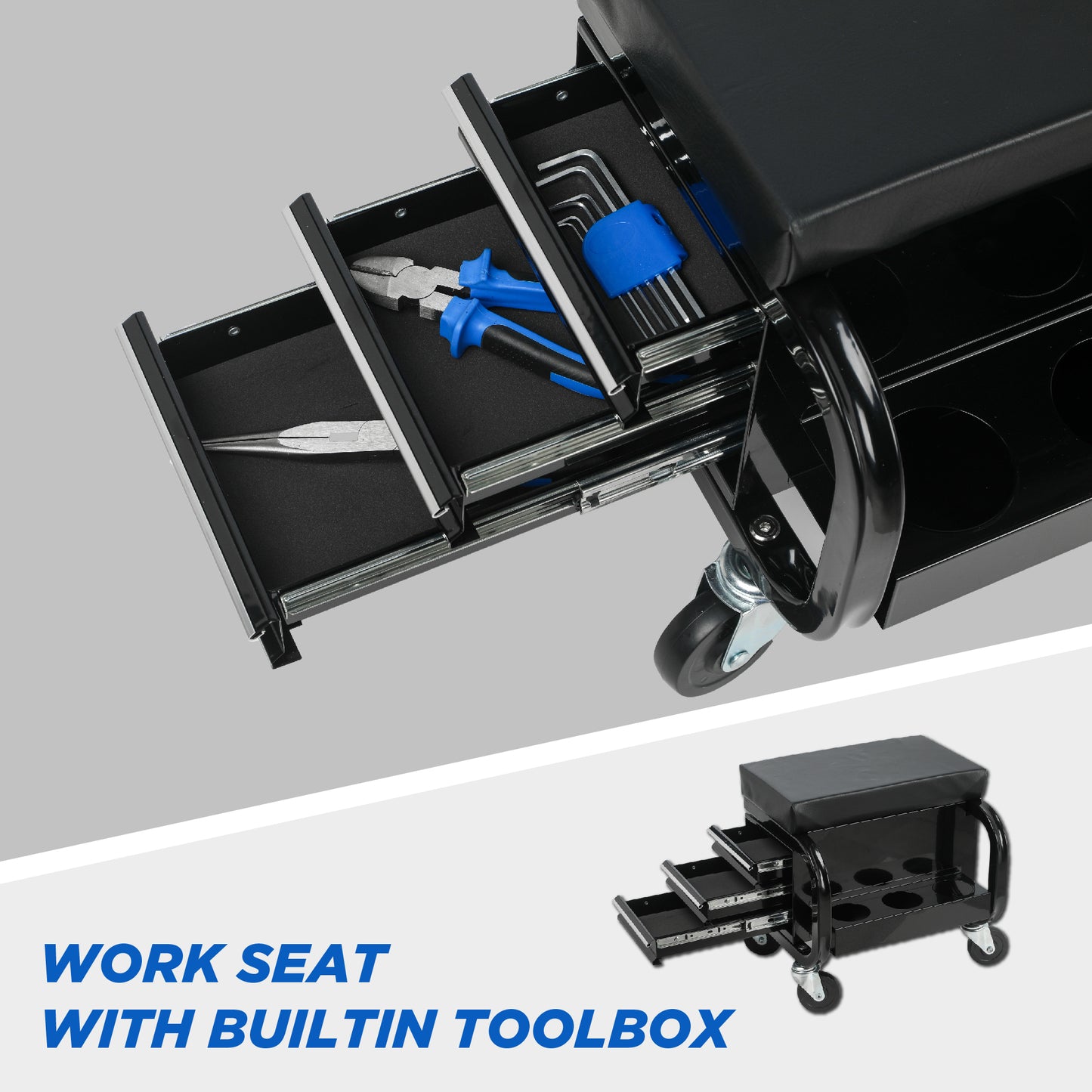 Heavy Duty Rolling Garage Stool with 3 Drawers and Padded Vinyl Seat - Tool Storage Cart, Supports 350 lbs, Black