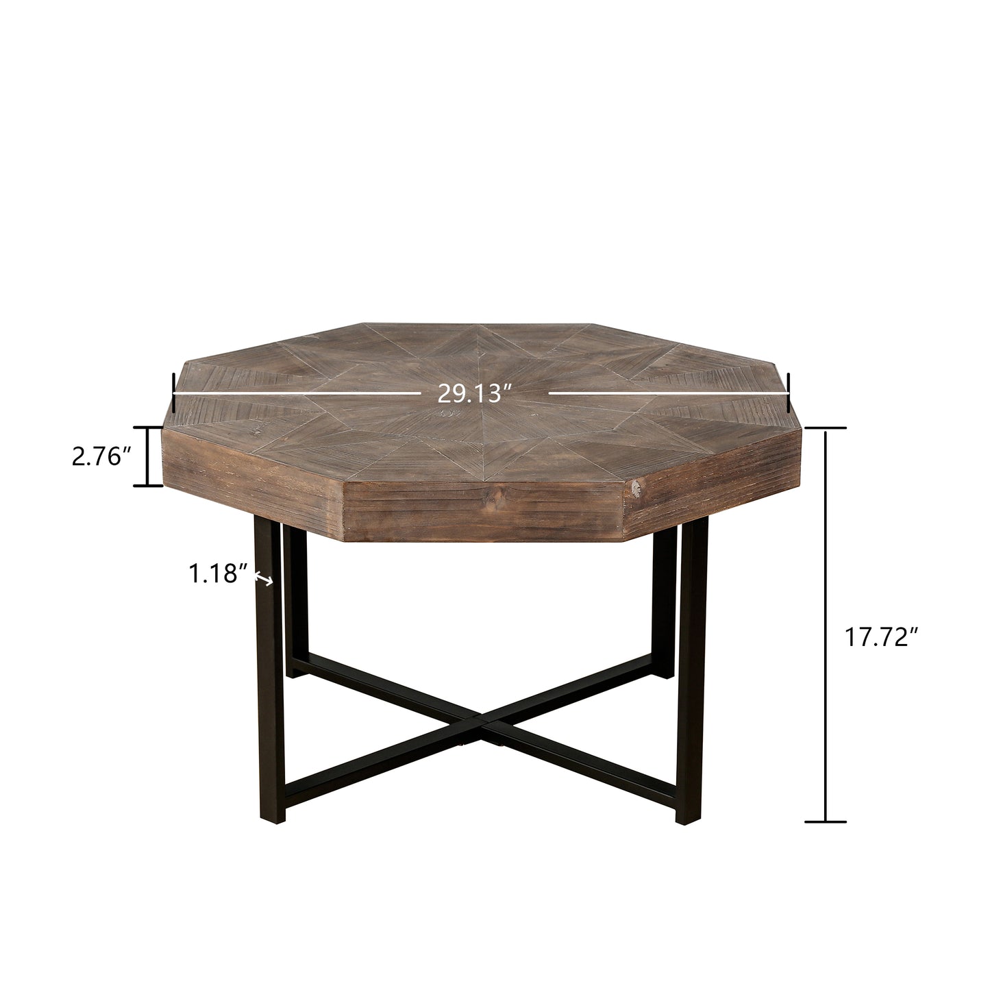 30-Inch Octagonal Vintage Coffee Table with Cross Metal Legs - Antique Brown