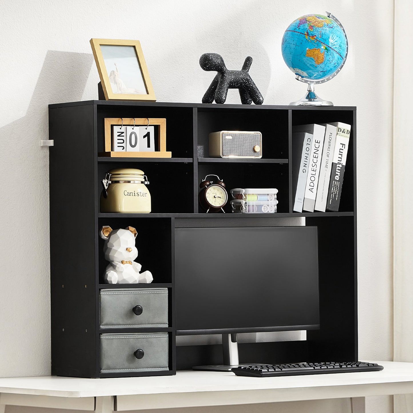 3-Tier Desktop Bookshelf with Fabric Drawers - Black