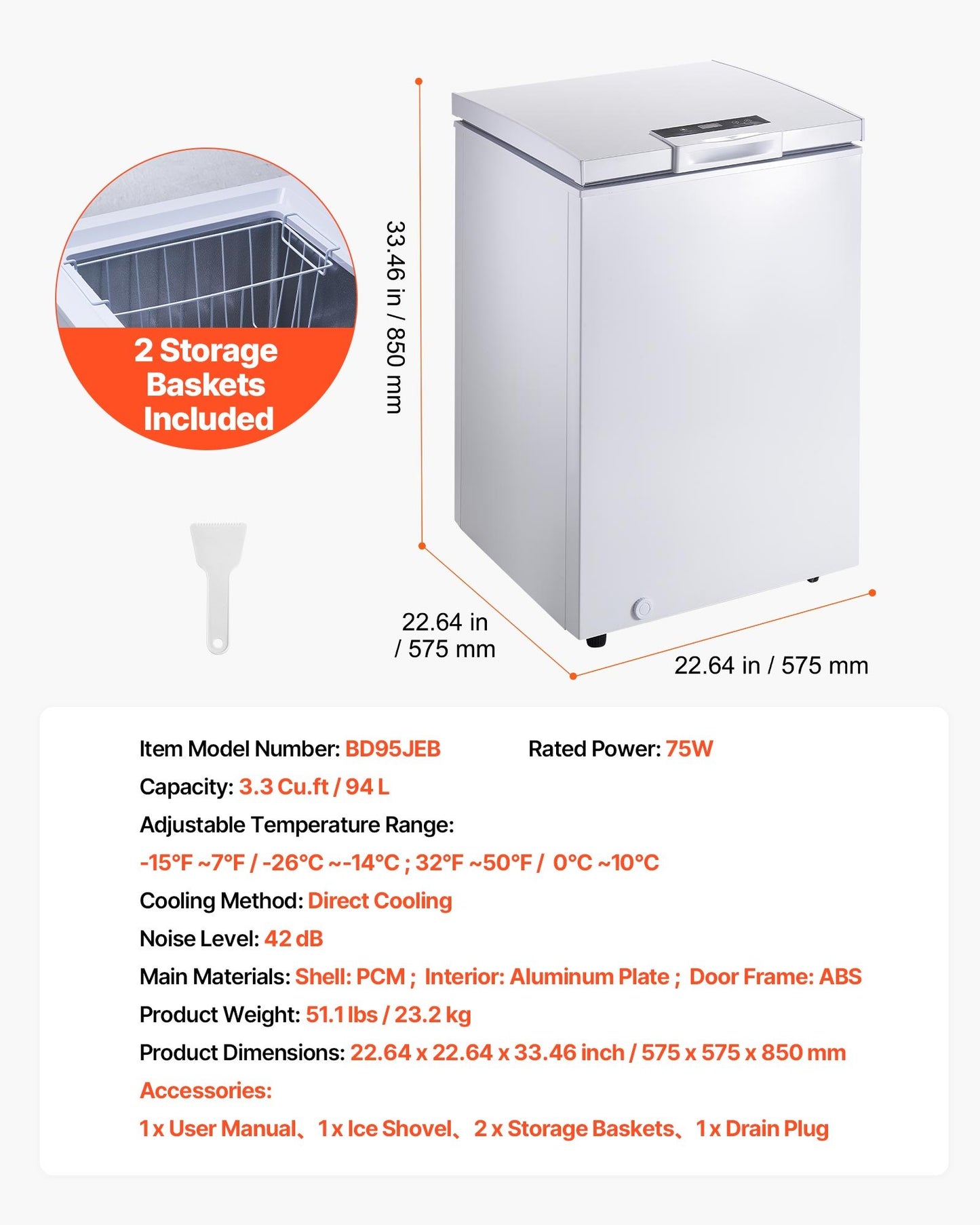Compact Chest Freezer 3.3 Cu.ft Energy Saving Top Open Design