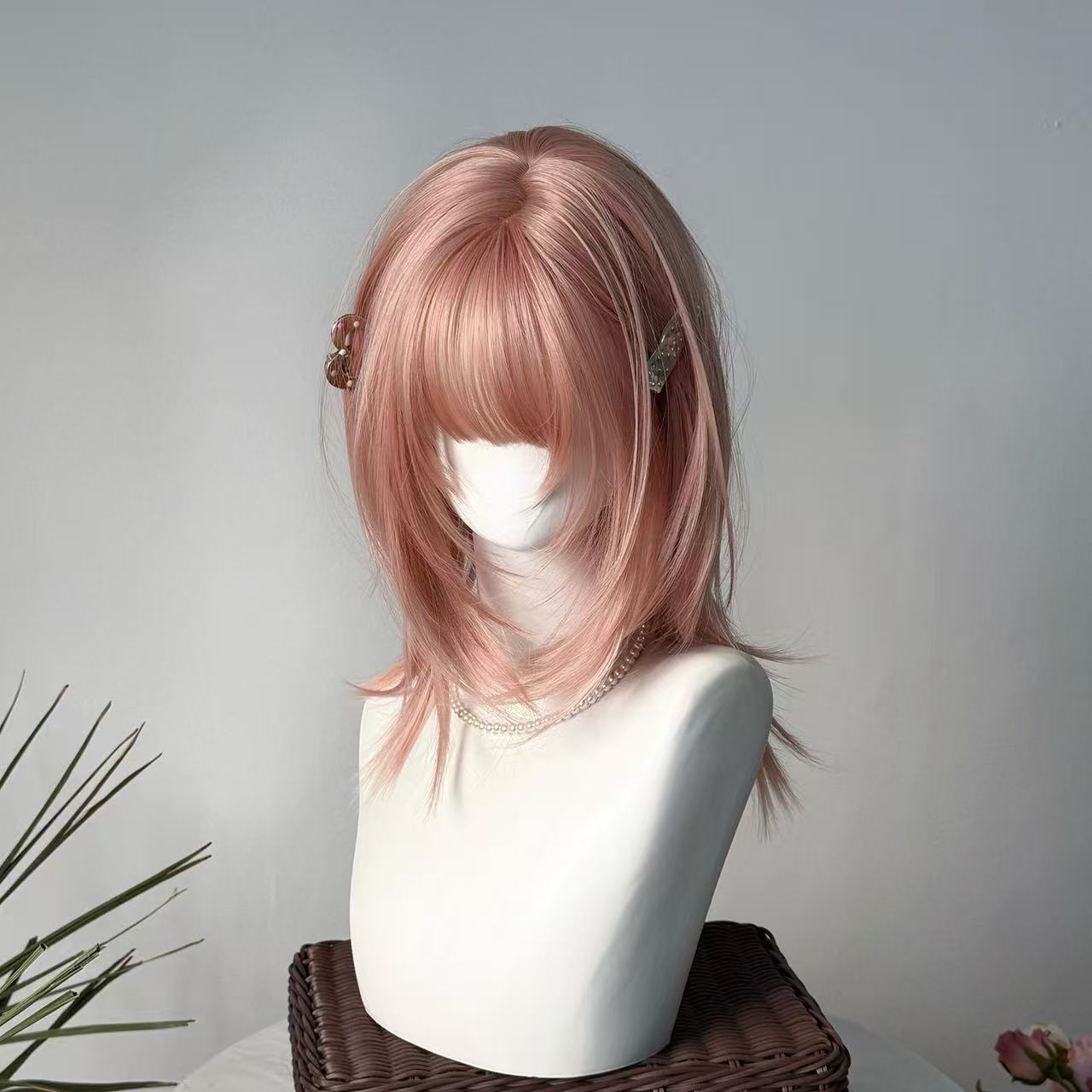 Summer Mullet Short Hair Wig with Fog Pink Color and Hair Net or Care Set