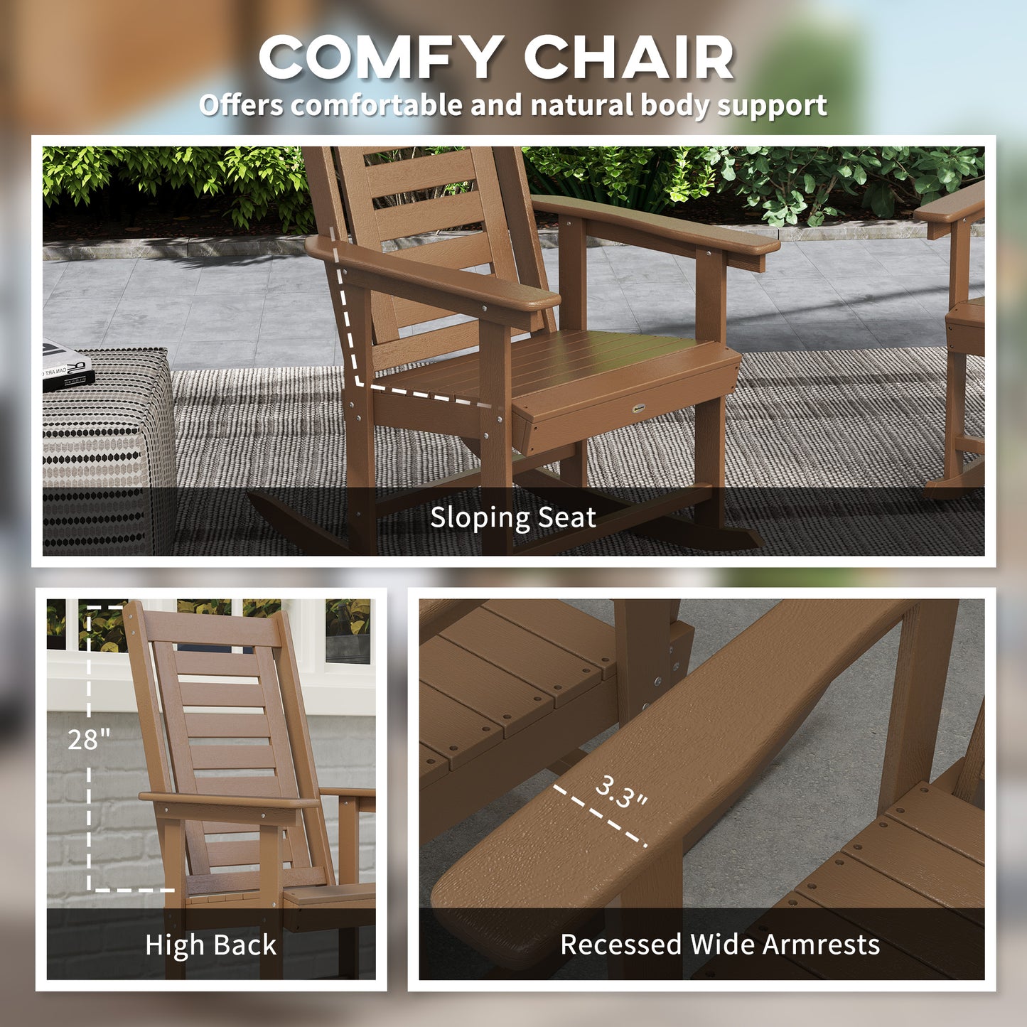 Set of 2 Outdoor Rocking Chairs - HDPE Patio Rockers, Brown