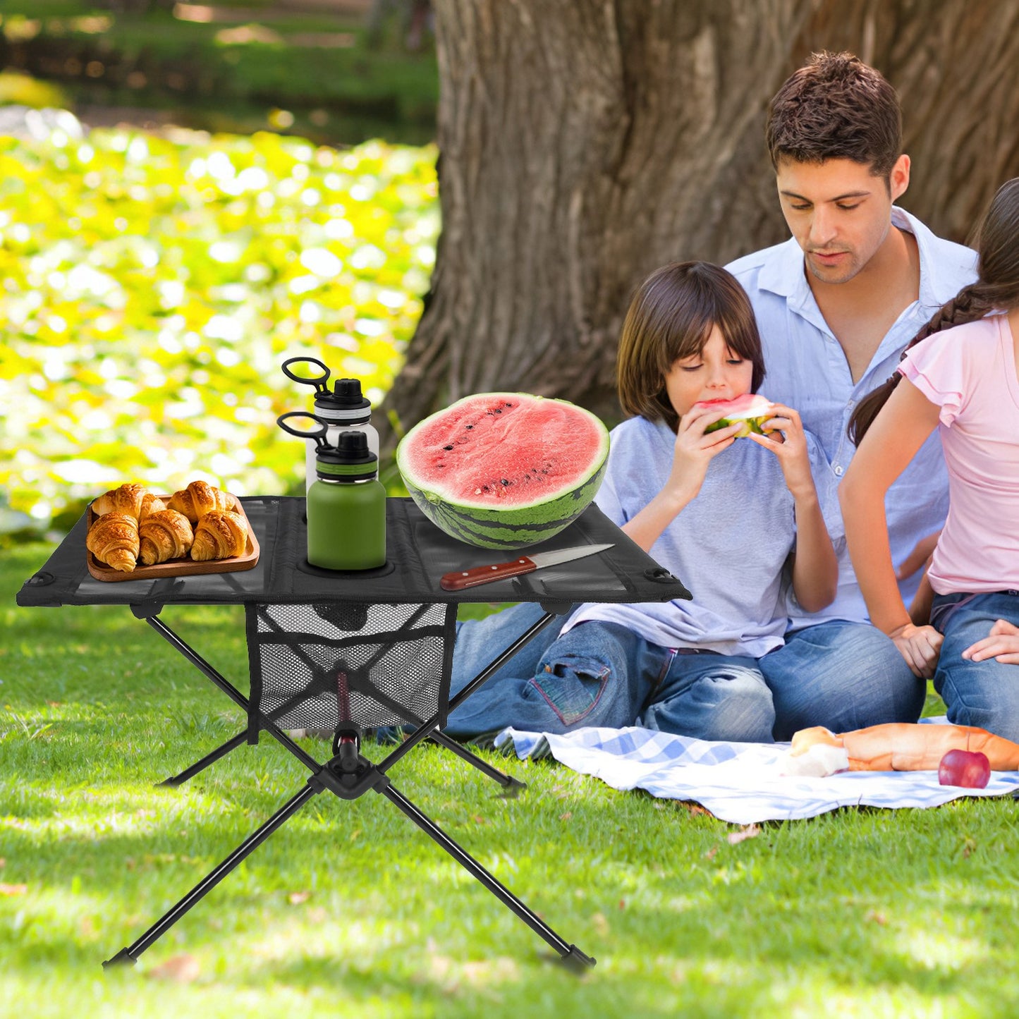 Portable Folding Camping Table with Cup Holders & Storage Bag - Black