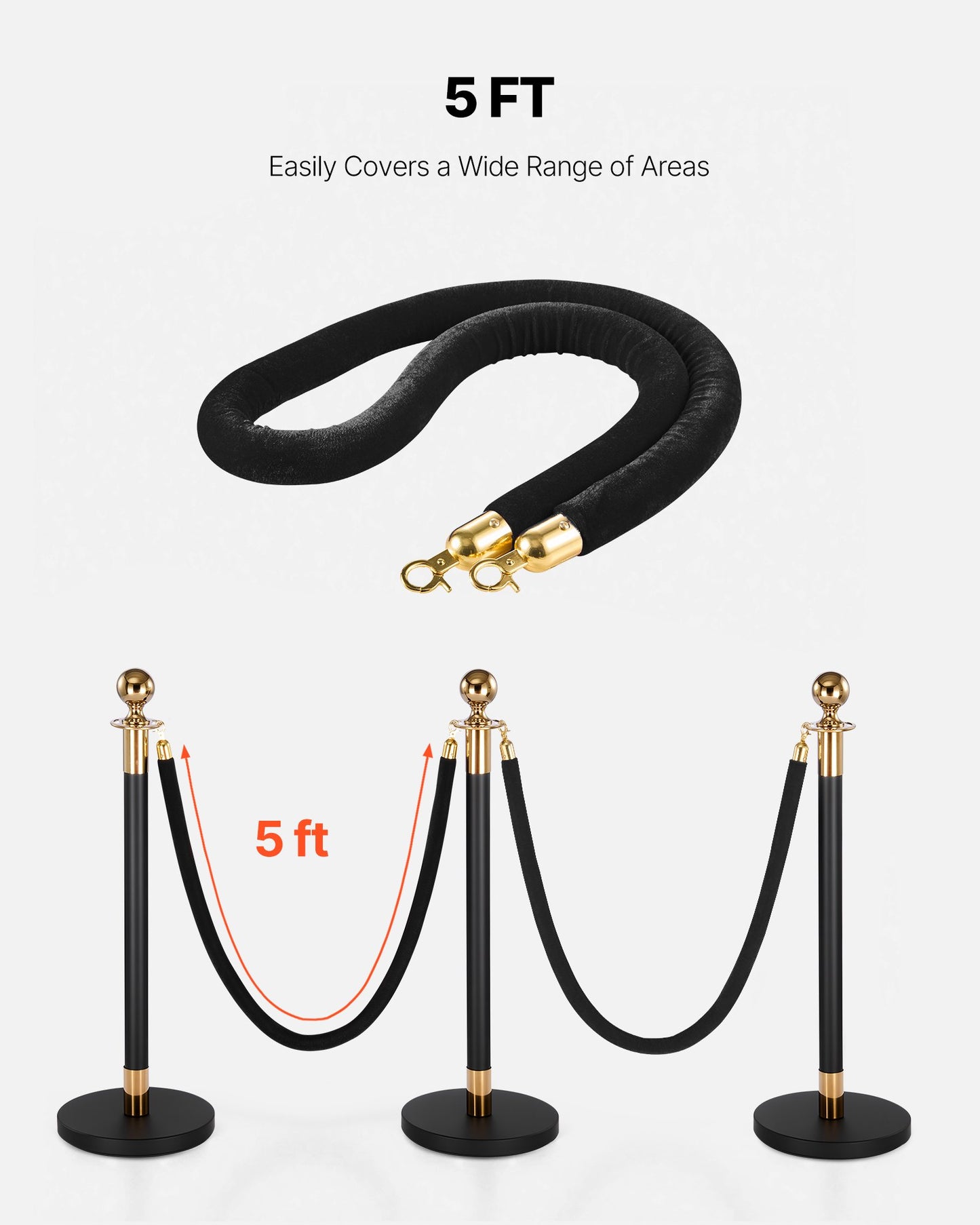 Crowd Control Velvet Ropes with Gold Hooks - 4 Pack, 5 Feet Black Barrier Ropes for Events