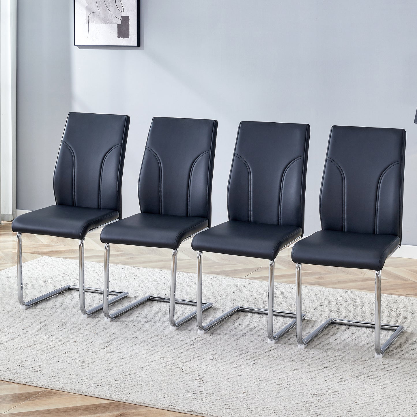4 Dining Chair Set, Black PU Material High Back Seat And Sturdy Leg