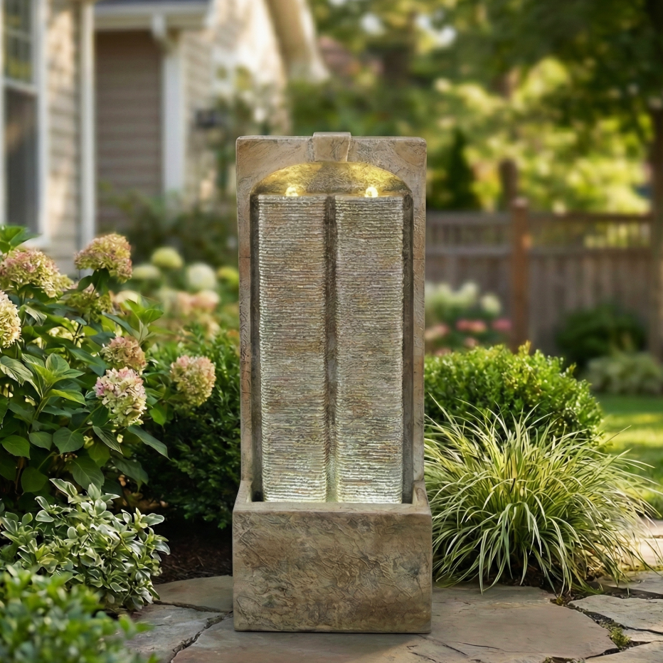 39 Inch Outdoor Water Fountain with Pump, Modern Cascading Garden Water Feature with LED Lights