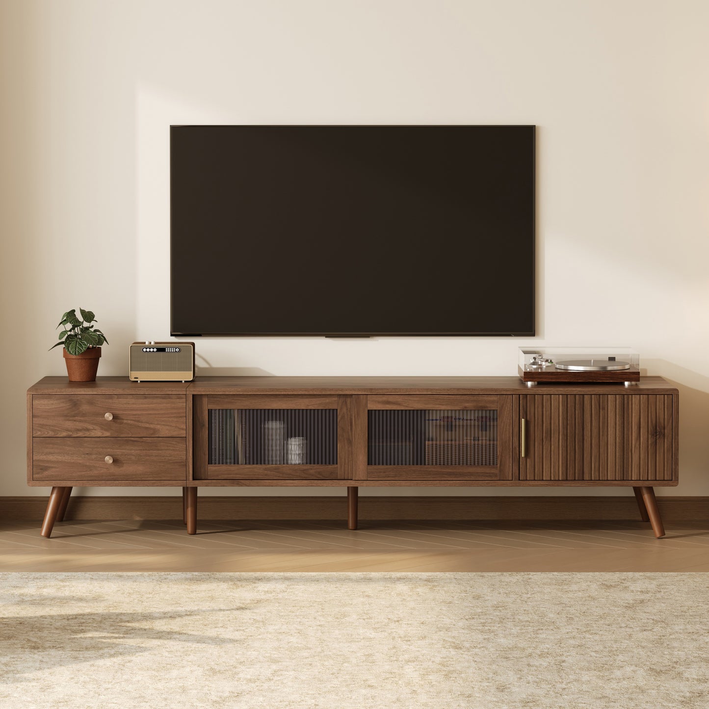 76 Modern Minimal Glass-Doors TV Stand For TVs Up To 85 Inches,