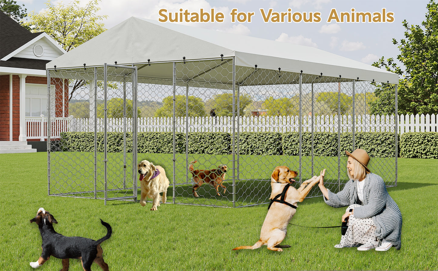 Large Outdoor Dog Kennel with Canopy - Heavy Duty Galvanized Steel Frame, Waterproof Cover, Escape-Proof Locking Pet Pen for Large Dogs